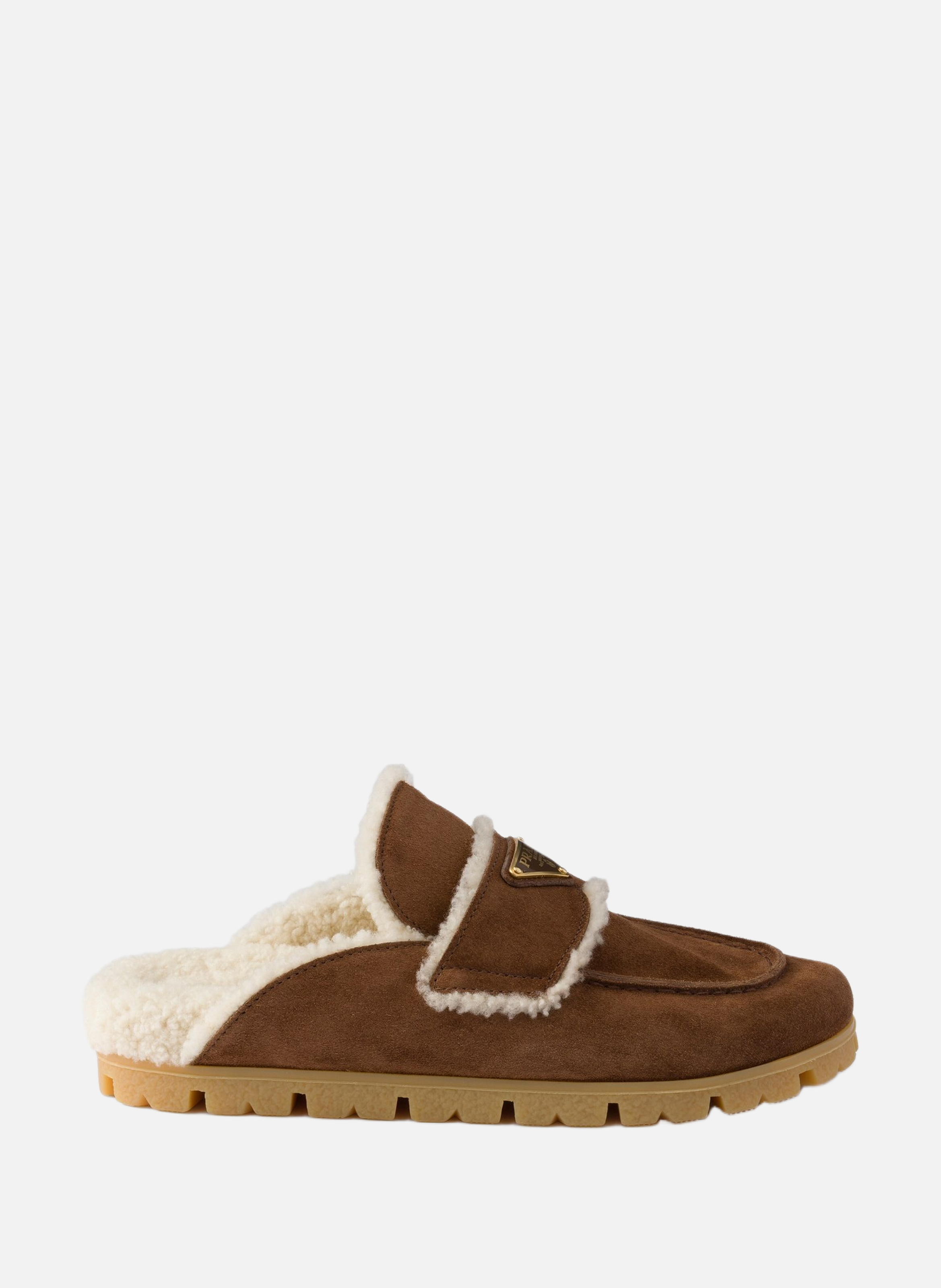 Mules en veau velours et peau de mouton PRADA Marron
