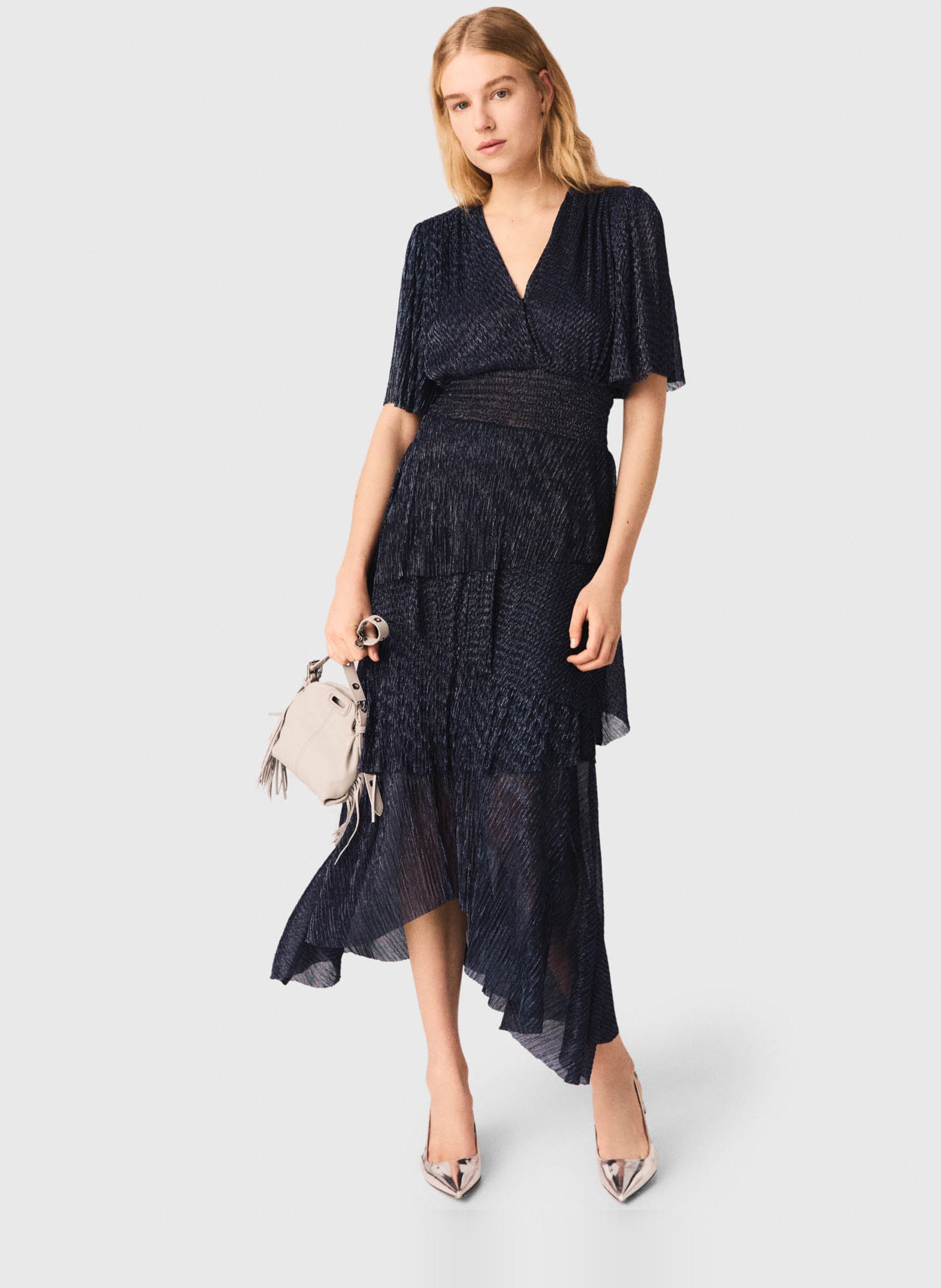 Robe midi évasée col v MAJE Bleu