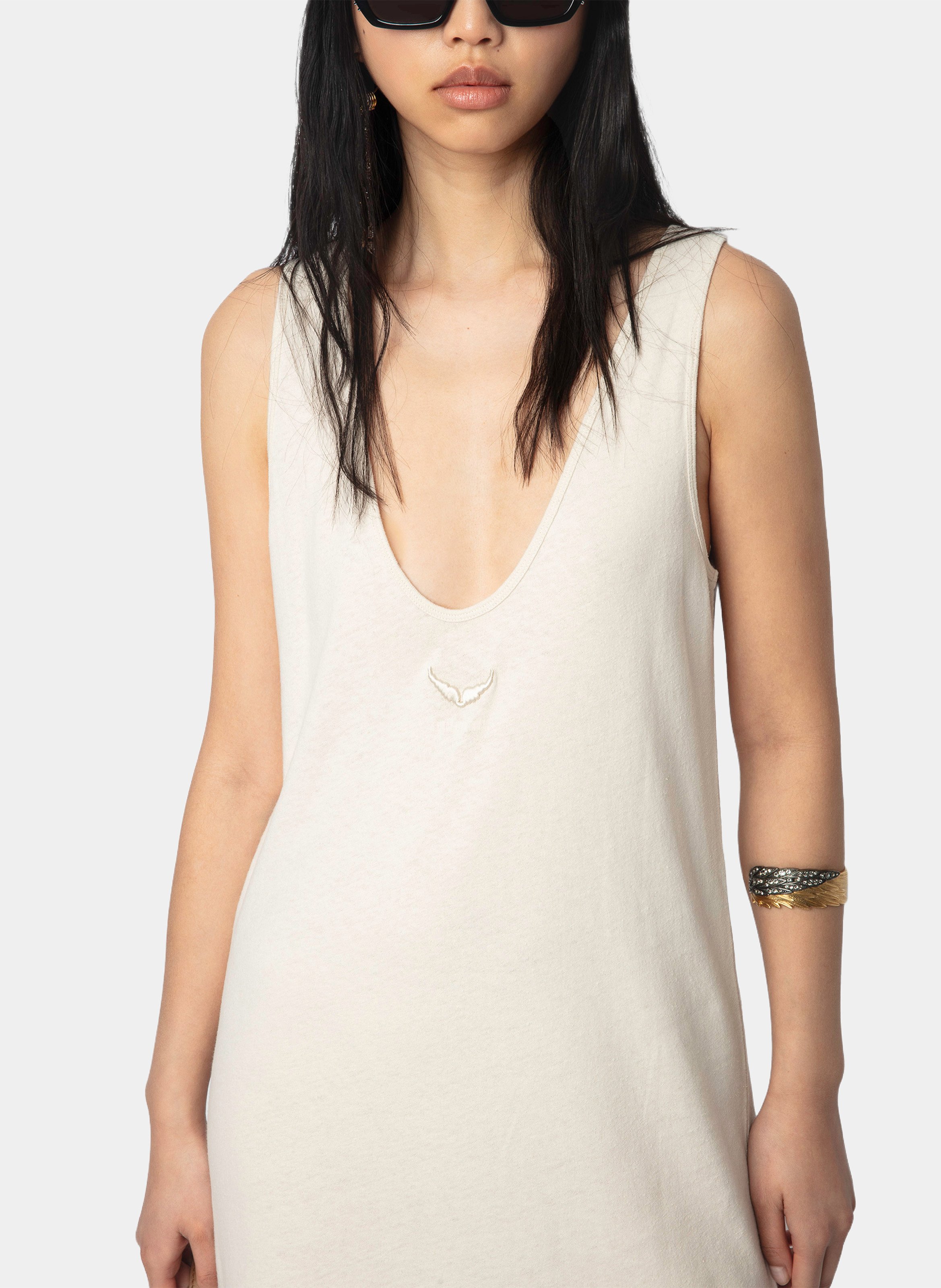 Langes Kleid mit V-Ausschnitt aus Baumwolle und Leinenmischung Deva ZADIG&VOLTAIRE Beige