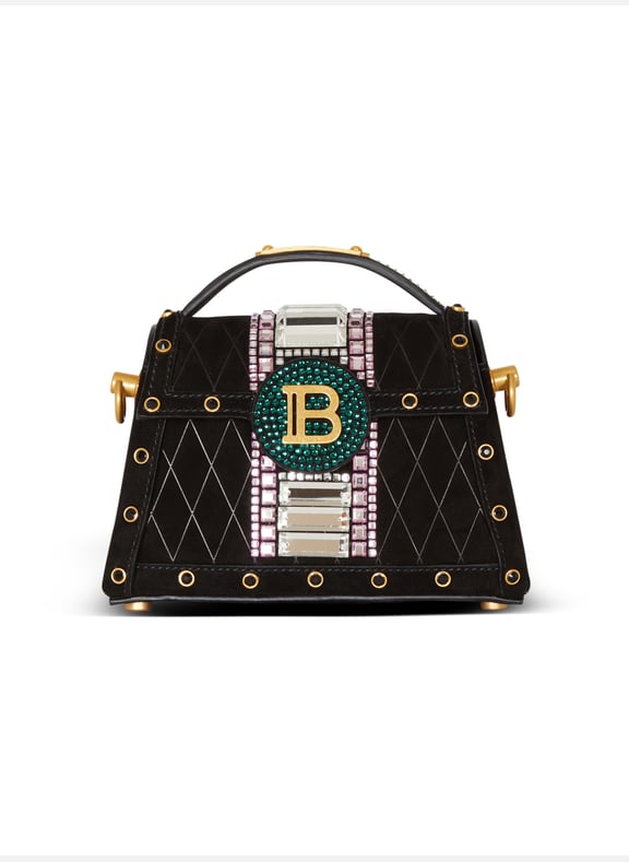 Sac b-buzz dynasty small en cuir suédé embossé grid et broderies Noir by BALMAIN BALMAIN Sac b-buzz dynasty small en cuir suédé embossé grid et broderies Noir