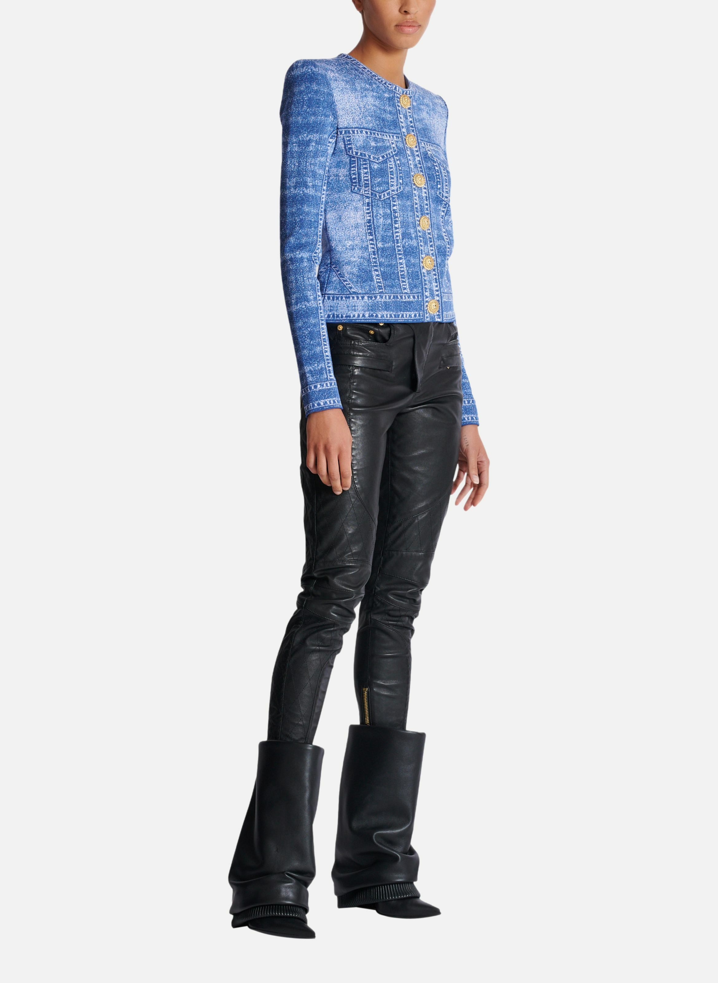 Cardigan en maille jacquard avec trompe-l'œil denim Bleu