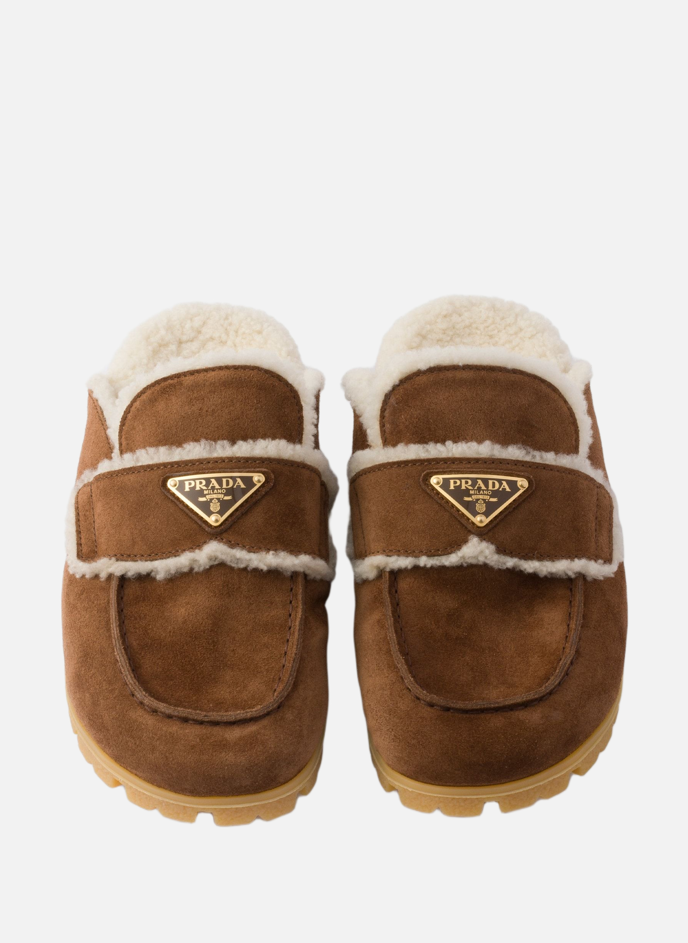 Mules en veau velours et peau de mouton PRADA Marron