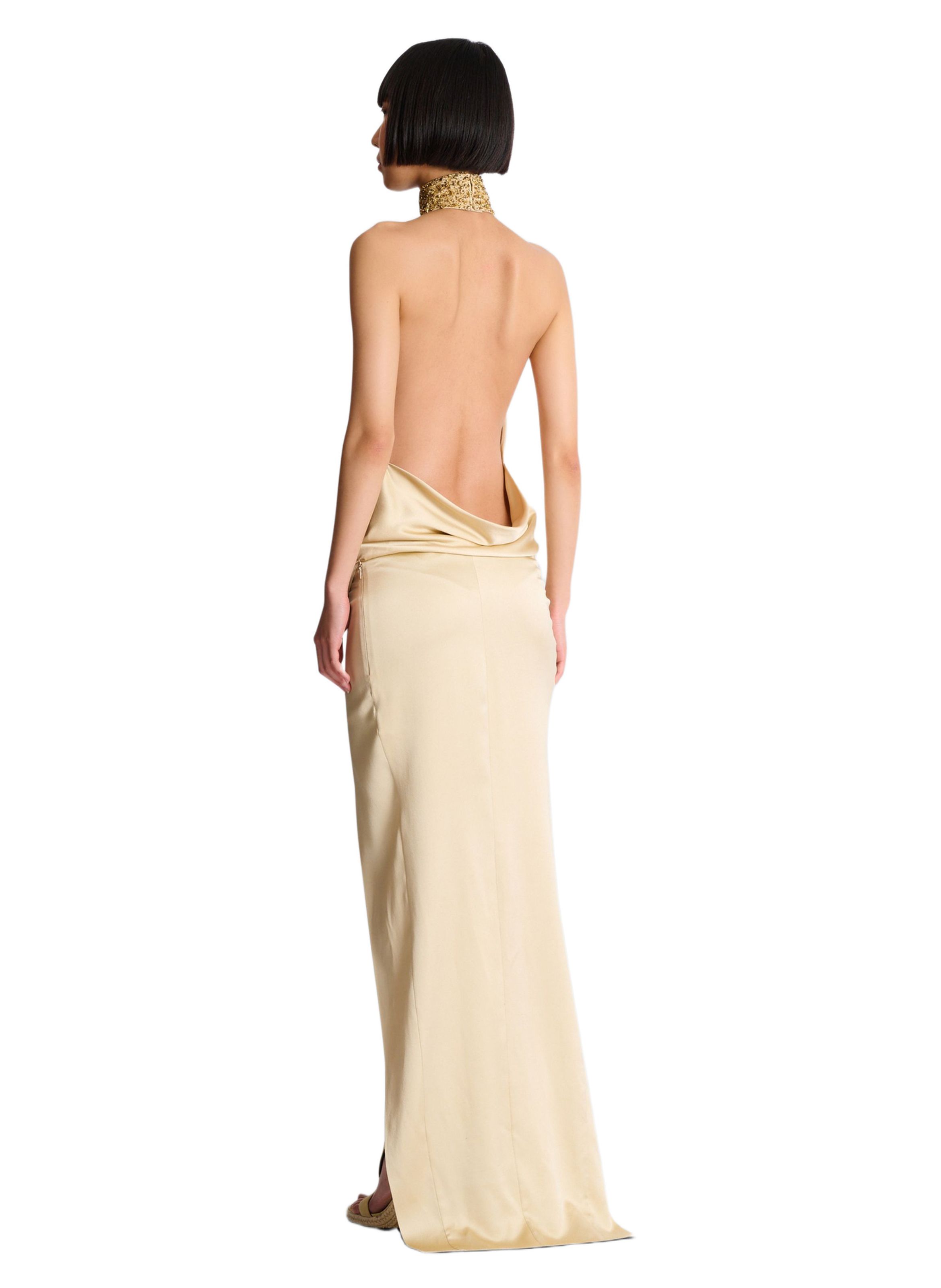 Robe dos-nu en soie brodée « sand effect » BALMAIN Beige
