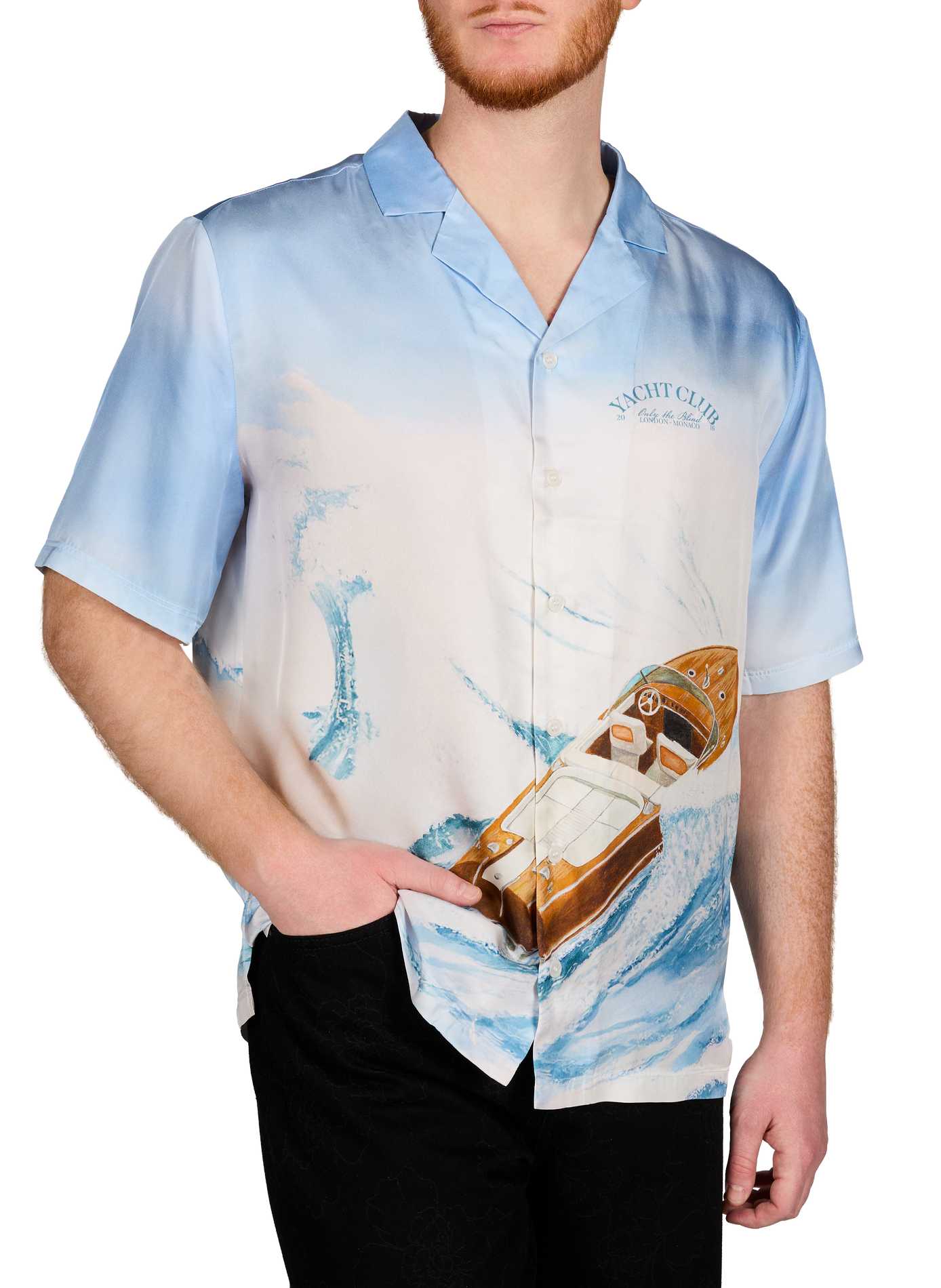 Printed Sea Wave short-sleeve silk shirt ONLY THE BLIND Blue