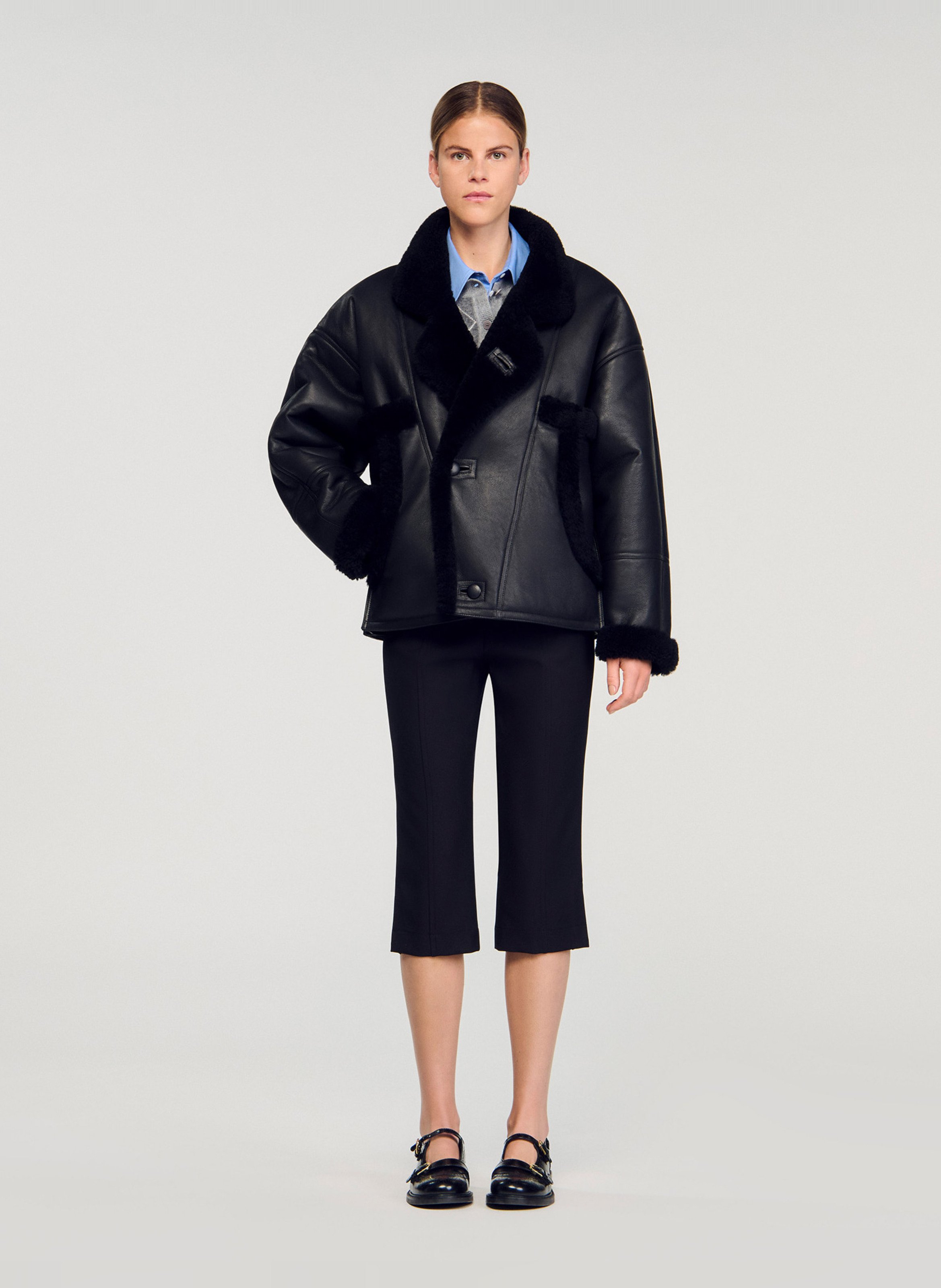 Manteau ample boutonné en cuir SANDRO Noir