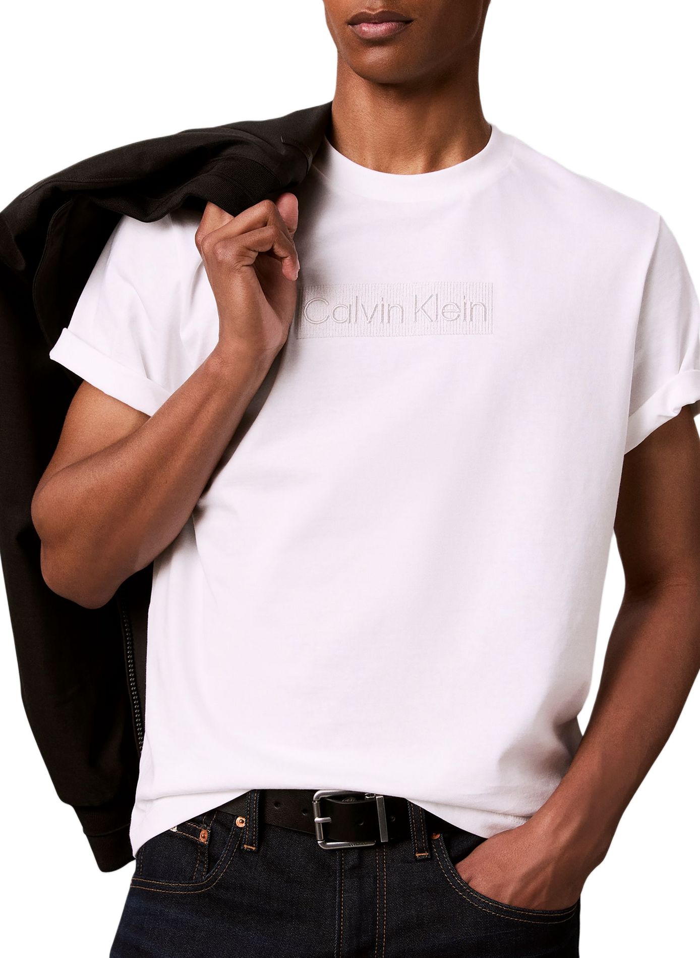 T-shirt col rond droit à broderie CALVIN KLEIN Blanc