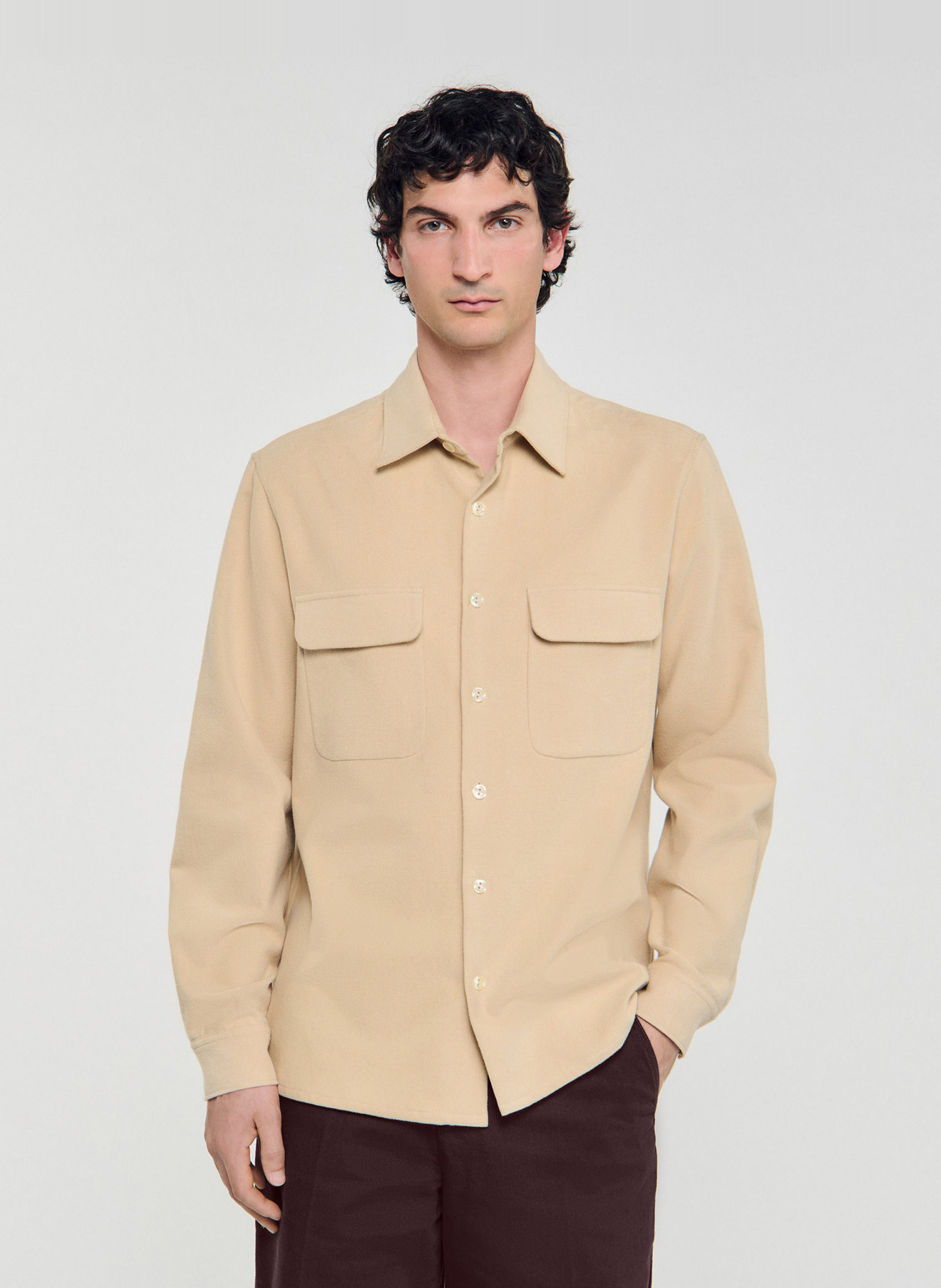 Chemise droite col classique en coton SANDRO Beige