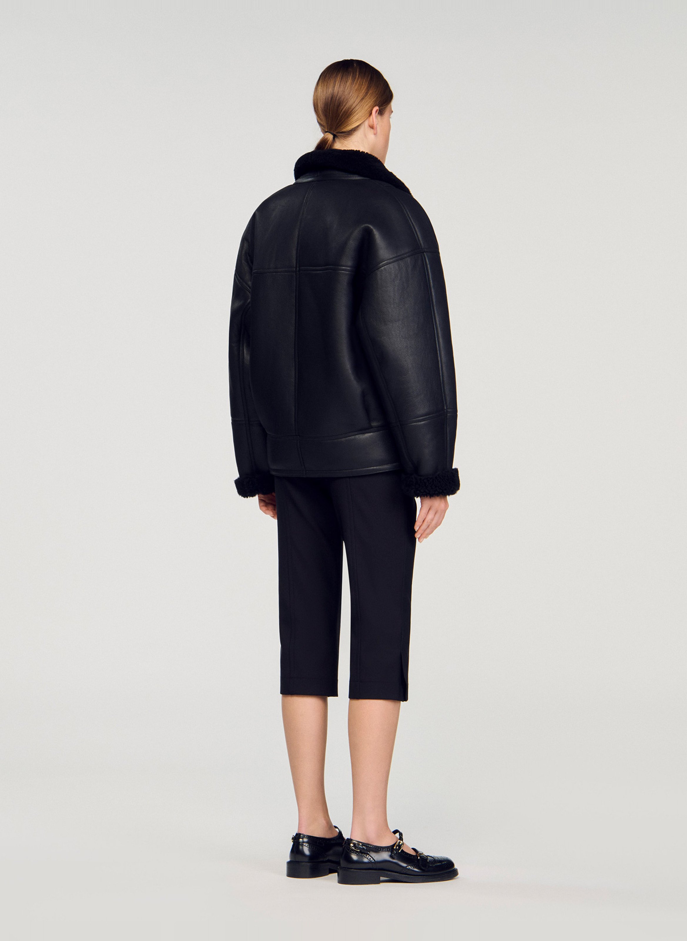 Manteau ample boutonné en cuir SANDRO Noir