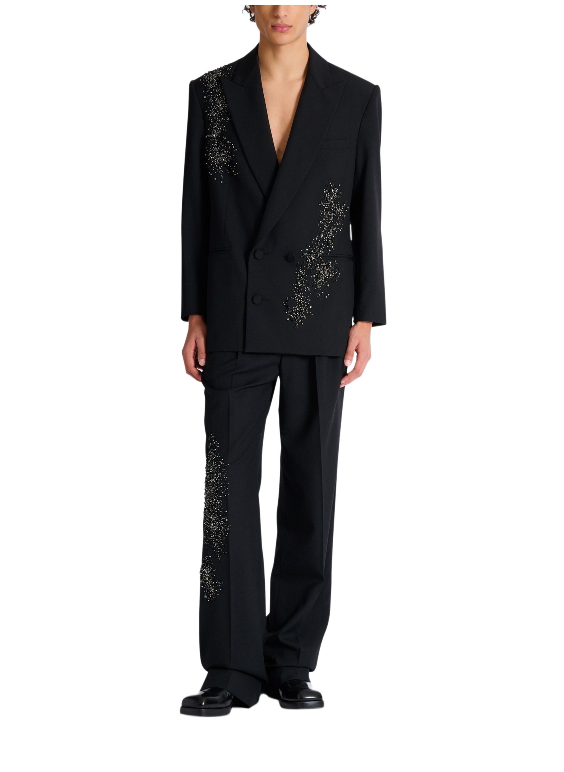 Pantalon à plis en laine brodée « sand effect » BALMAIN Noir