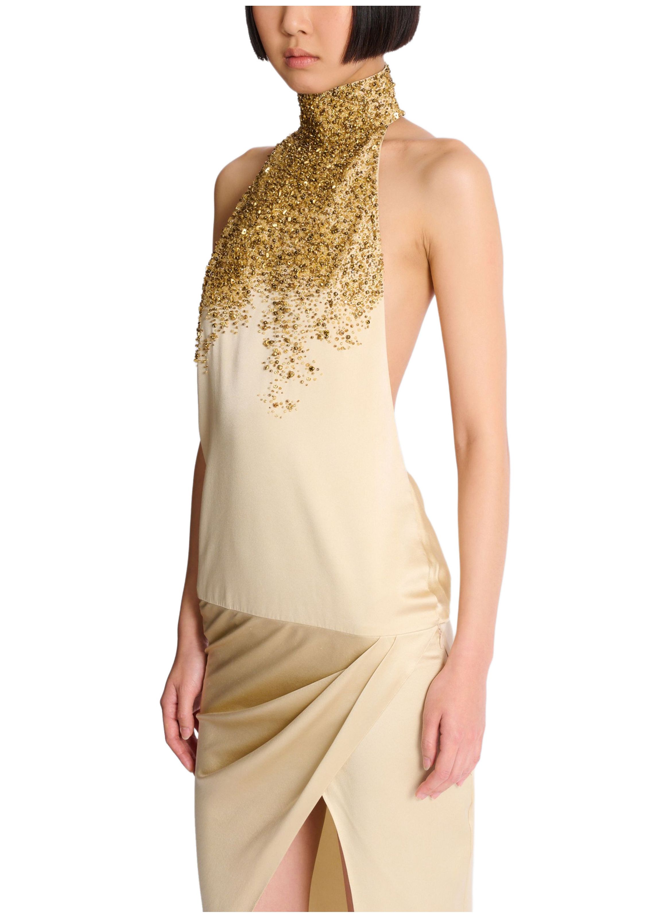 Robe dos-nu en soie brodée « sand effect » BALMAIN Beige
