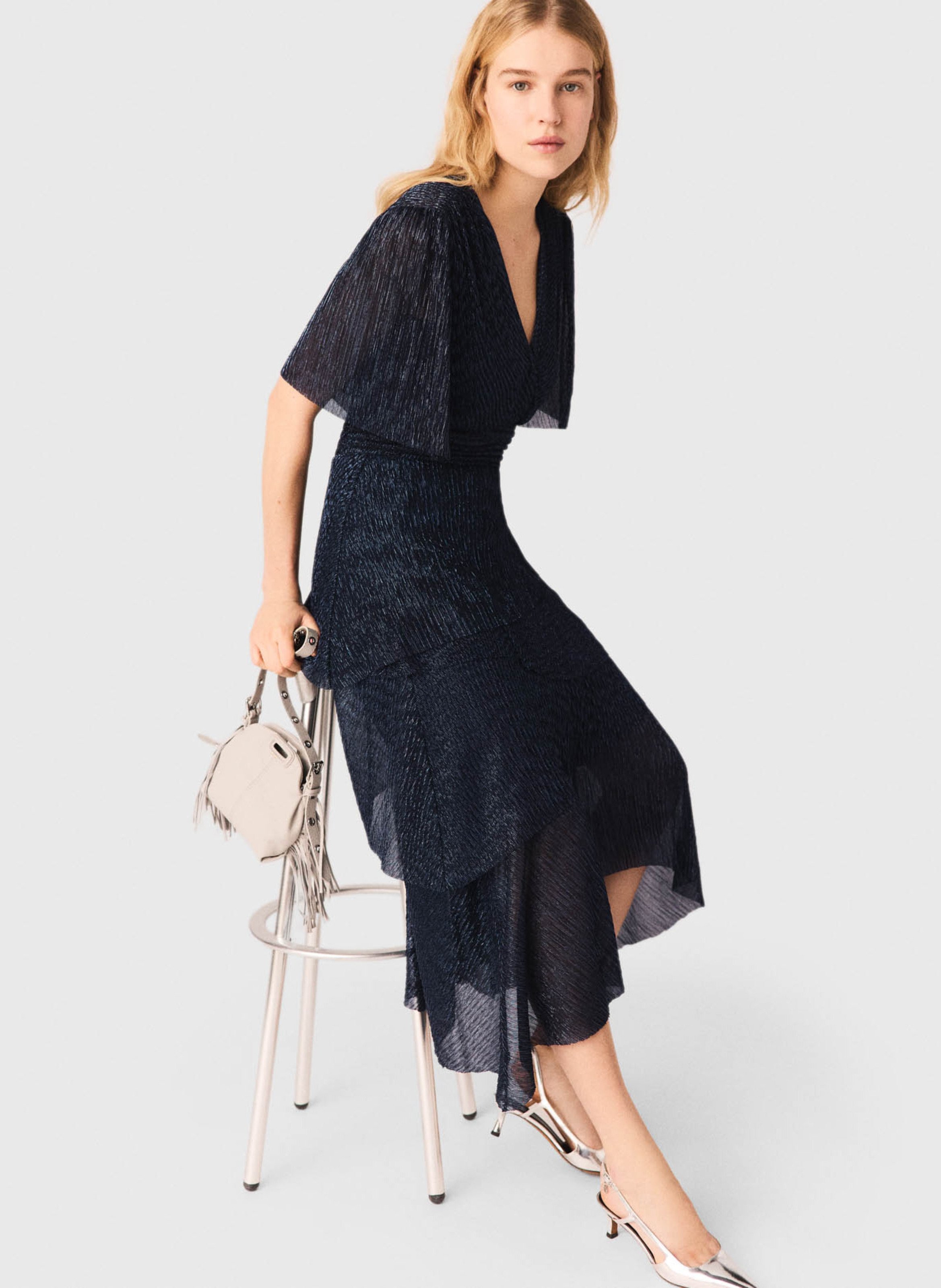 Robe midi évasée col v MAJE Bleu