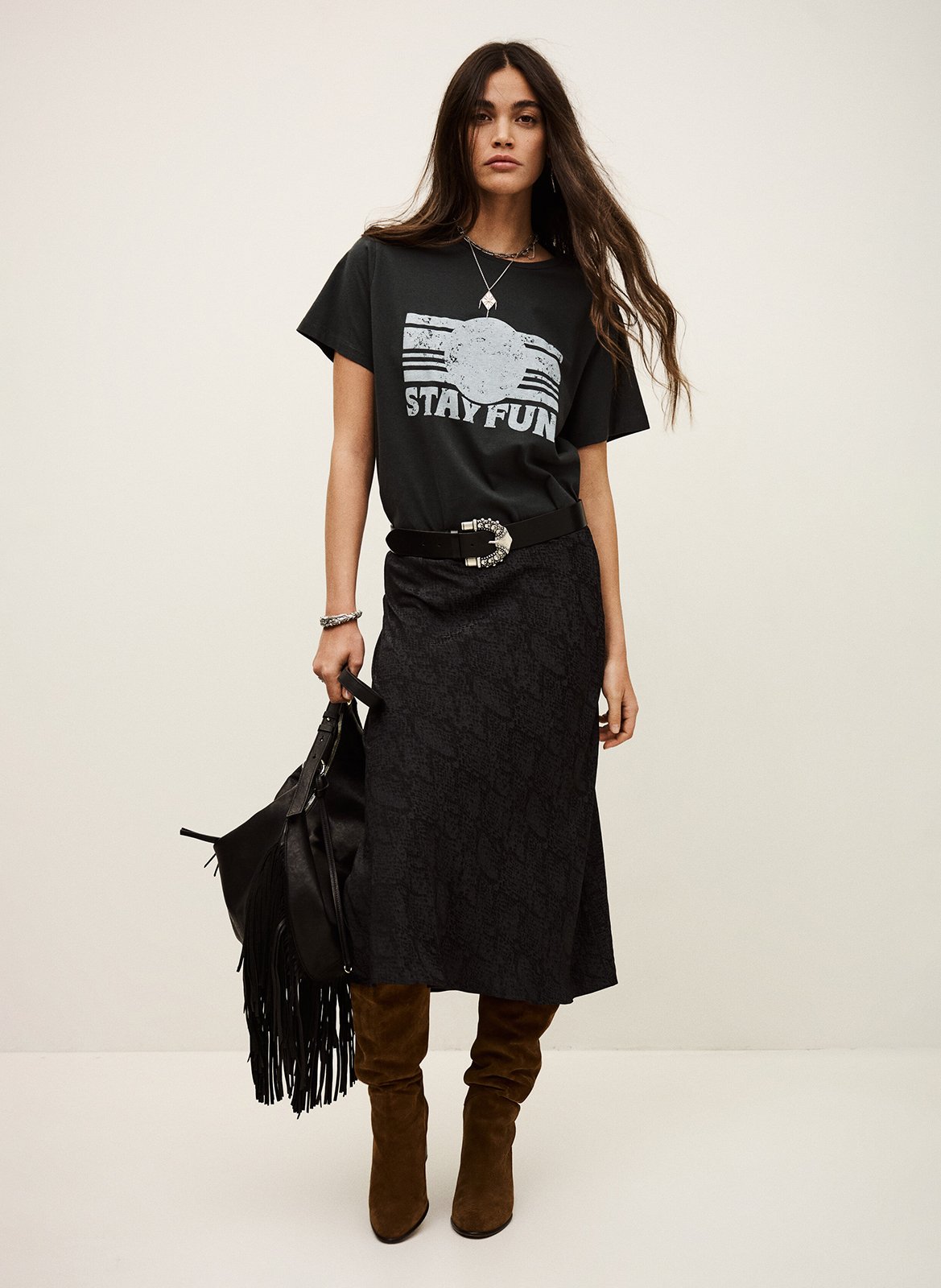 Jupe midi fluide jacquard python rista BA&SH Noir