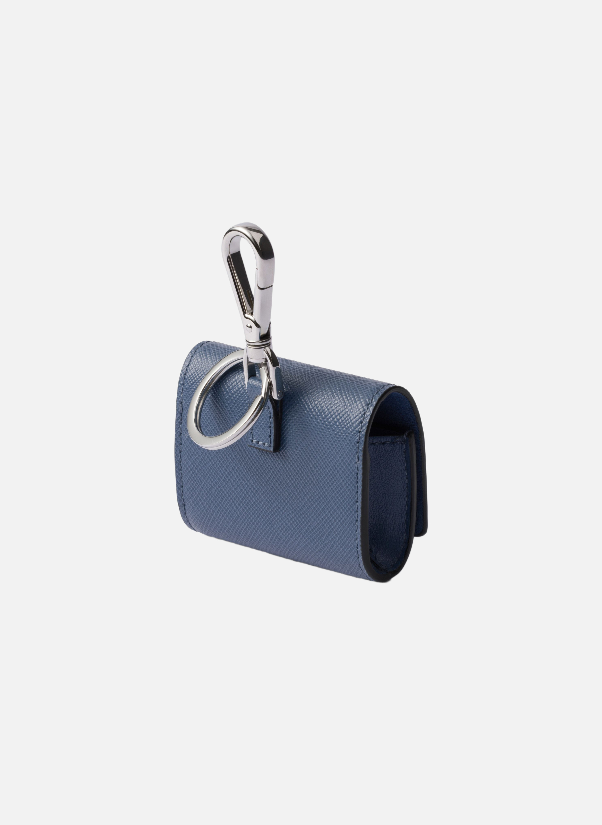 Étui pour écouteurs en cuir saffiano avec porte-cl Bleu