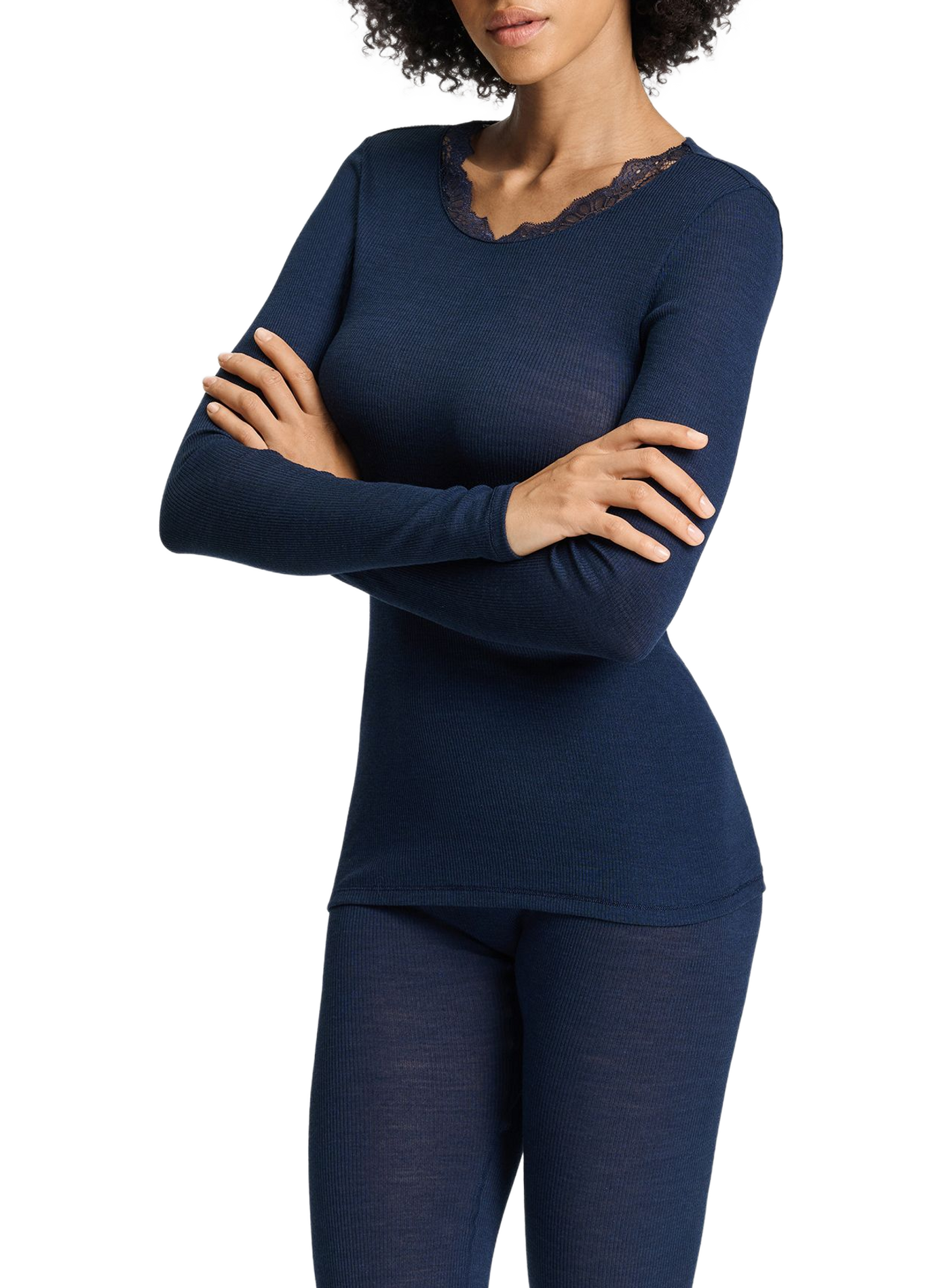 Fitted crew-neck T-shirt in wool and silk lace HANRO Blue