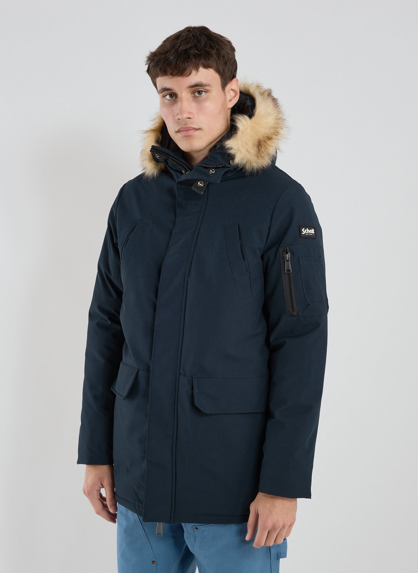 SCHOTT Parka mi longue à capuche  Bleu