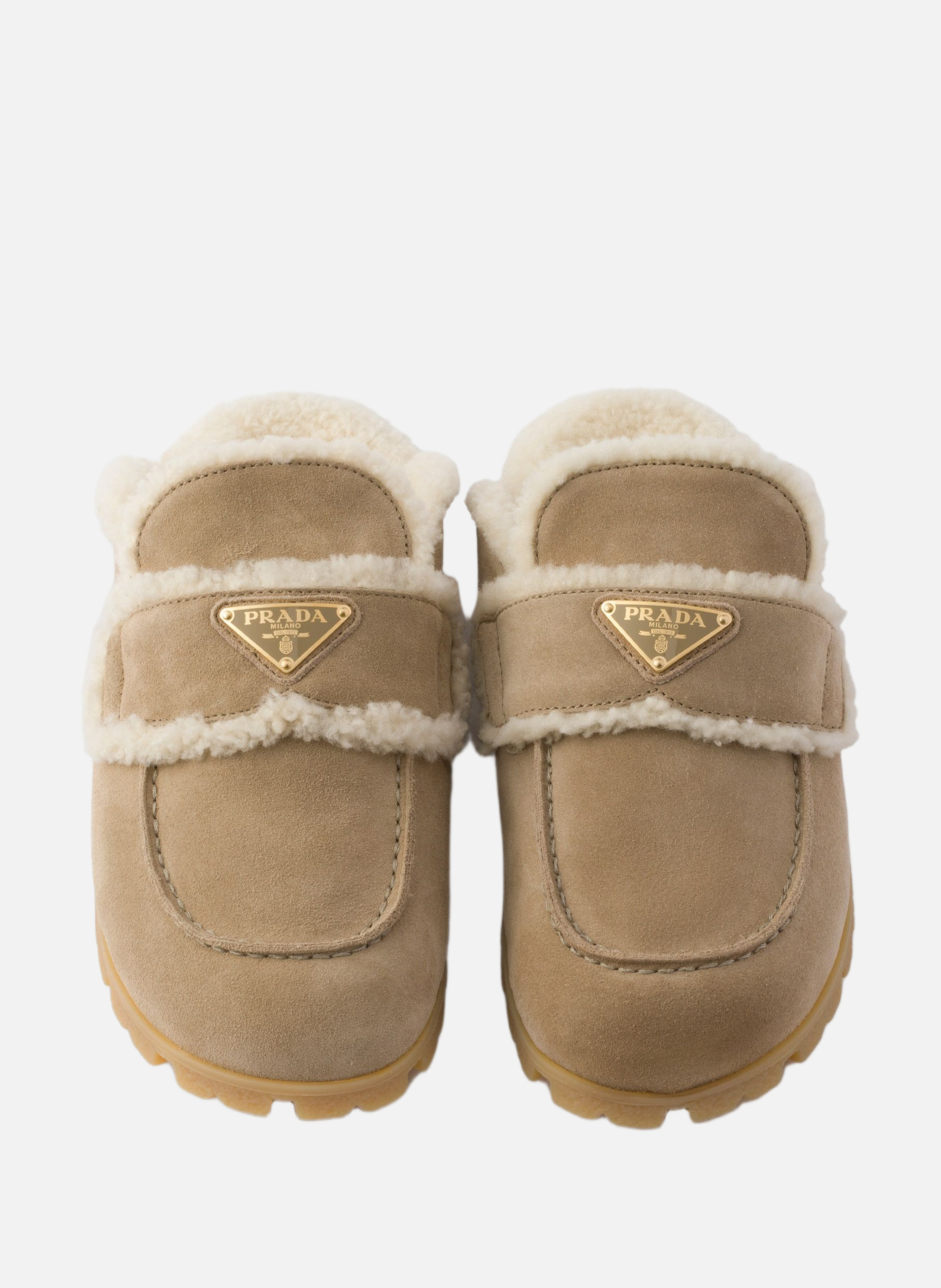 Mules en veau velours et peau de mouton PRADA Beige