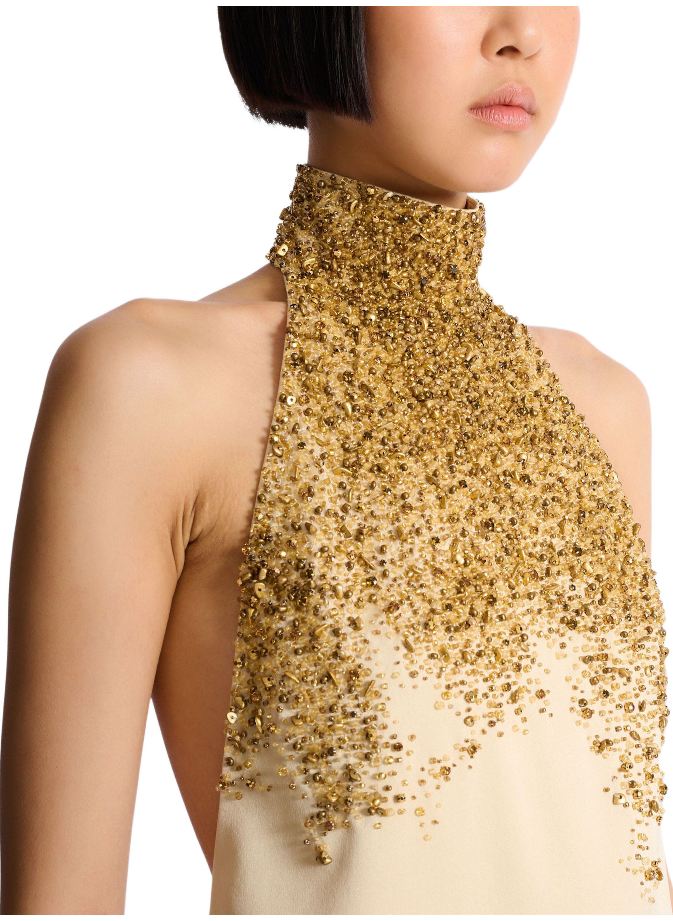 Robe dos-nu en soie brodée « sand effect » BALMAIN Beige