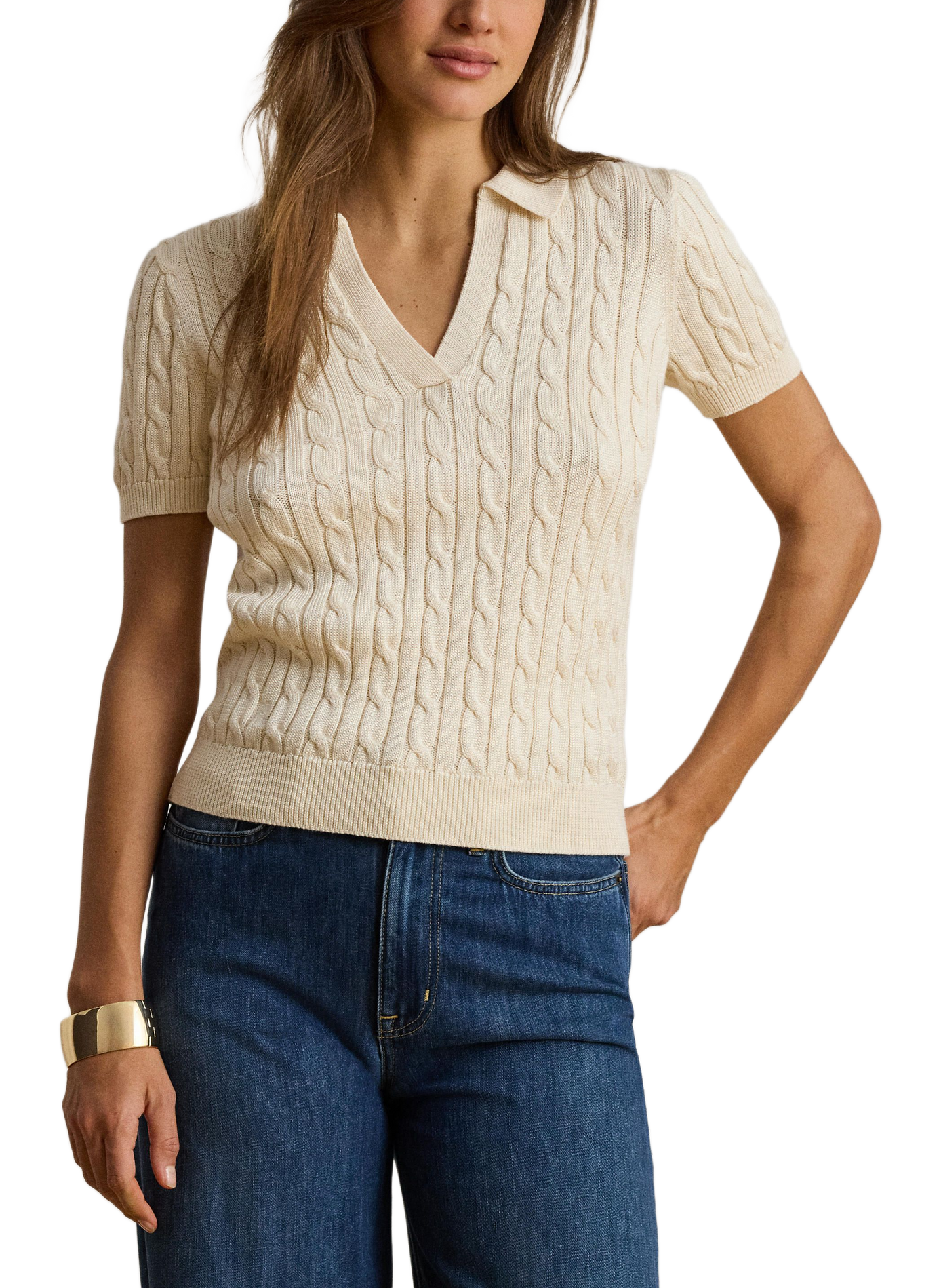 Twisted knit cotton blend t-shirt LAUREN Beige