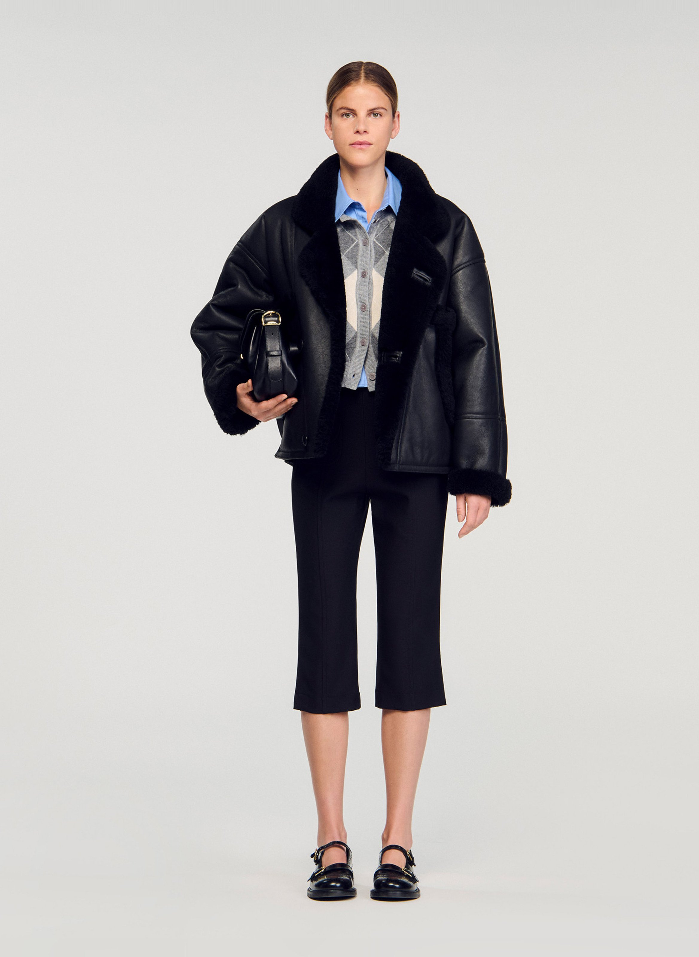 Manteau ample boutonné en cuir SANDRO Noir