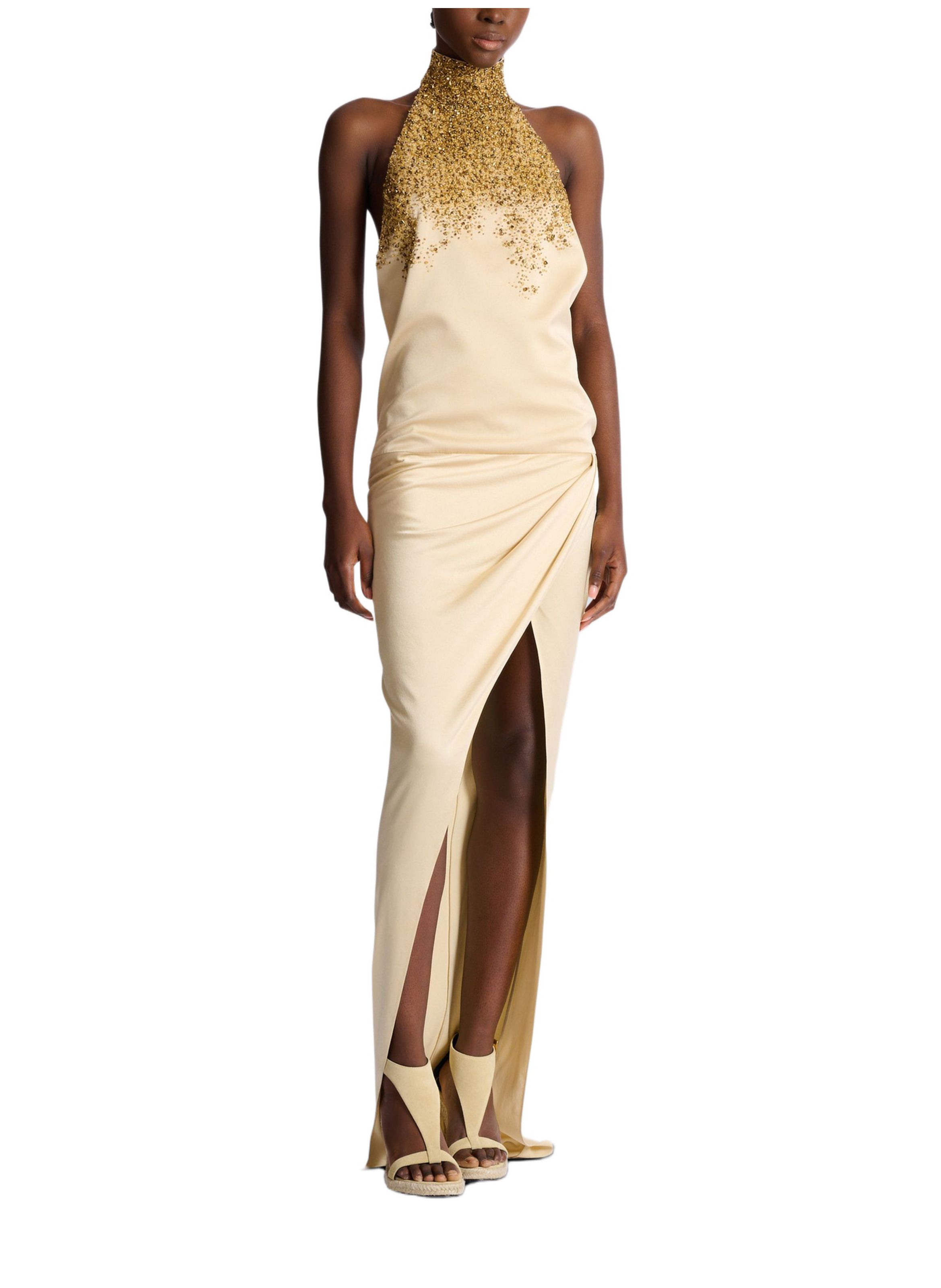 Robe dos-nu en soie brodée « sand effect » BALMAIN Beige