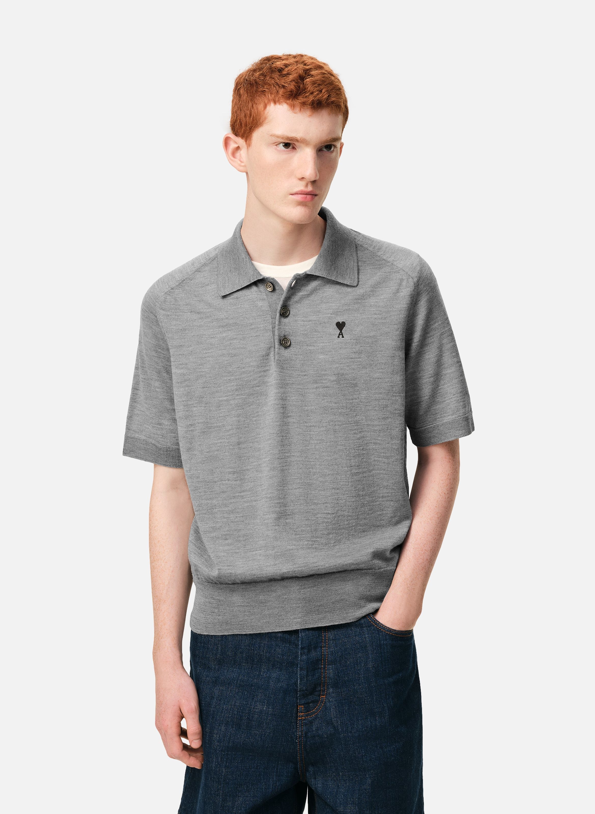 Polo manches courtes ami de coeur en laine AMI PARIS Gris