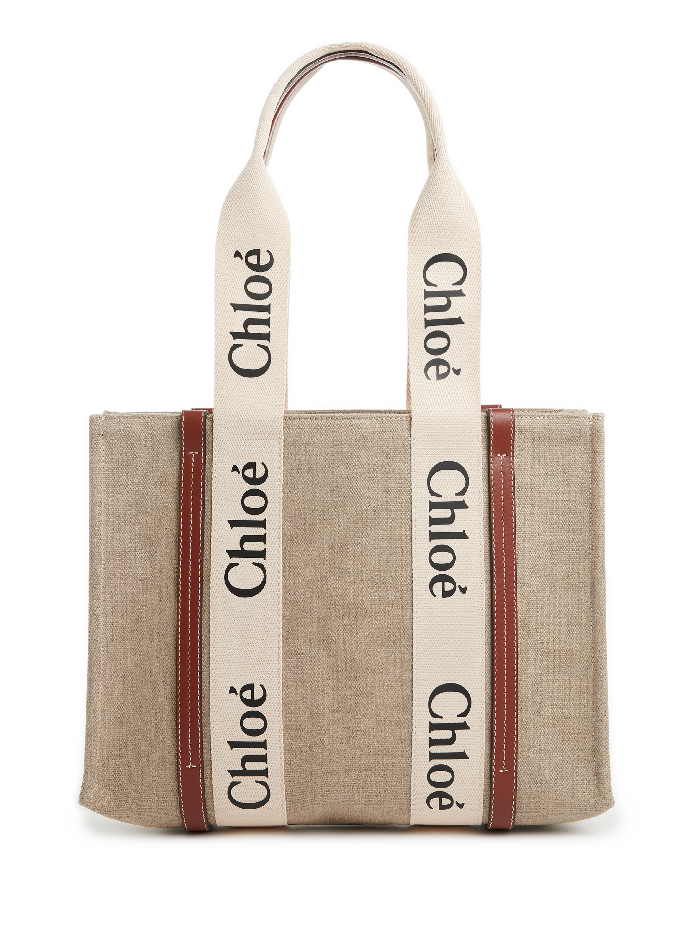 CHLOÉ Sac cabas moyen Woody en lin Marron