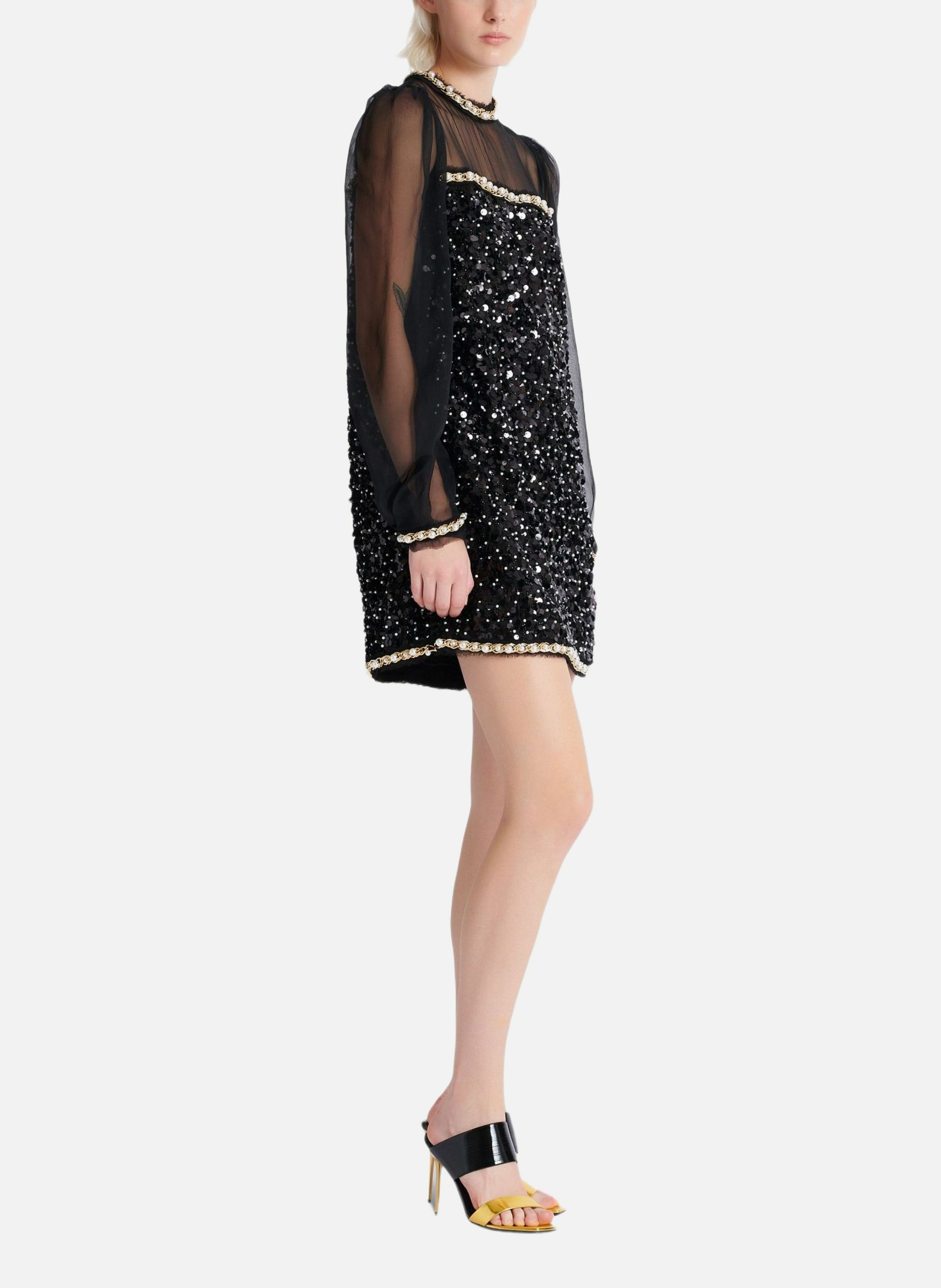 Robe en mousseline et sequins perlés BALMAIN Noir
