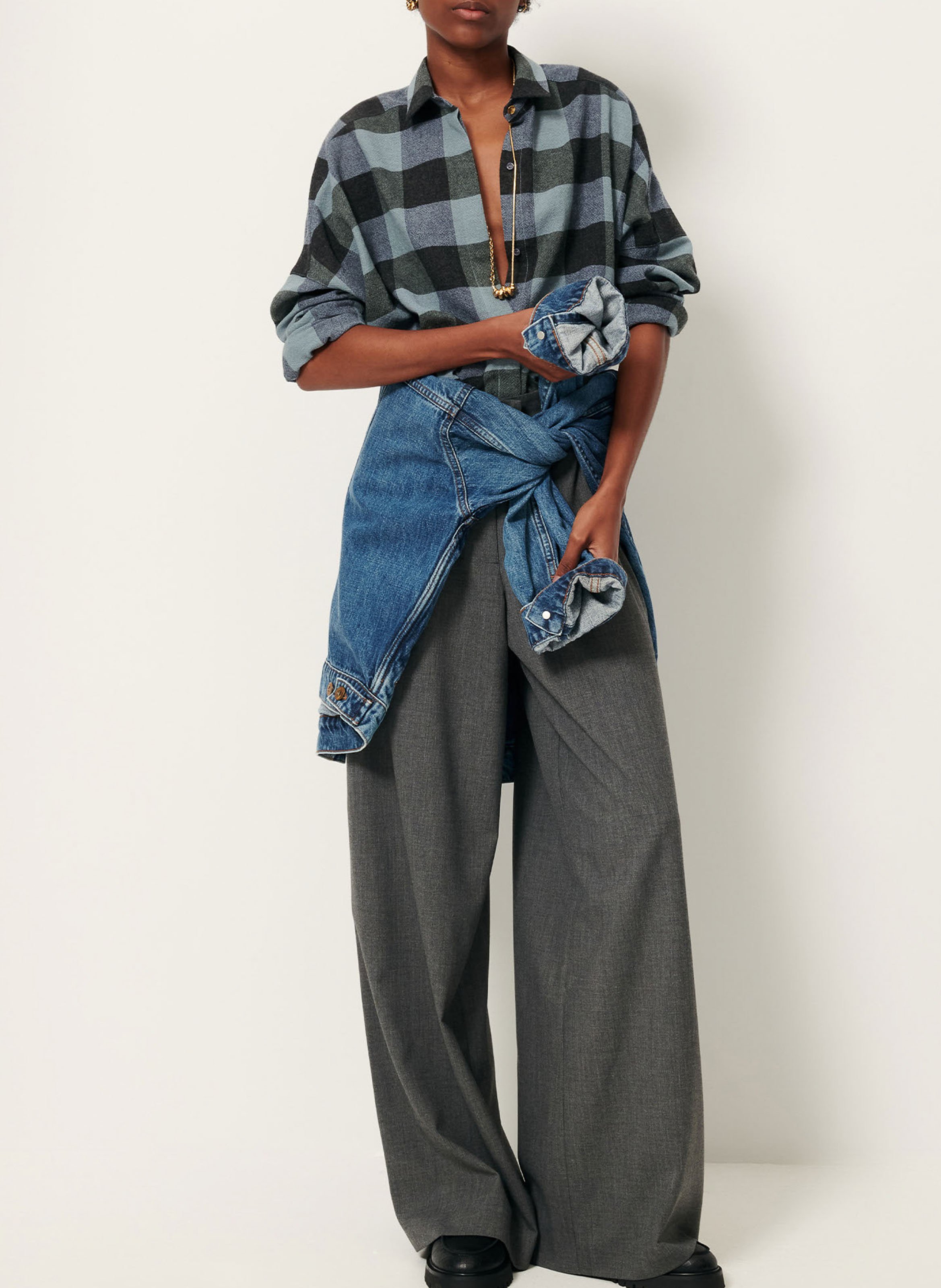 Chemise col classique ample en laine mélangée imprimée deliwool SESSUN Bleu