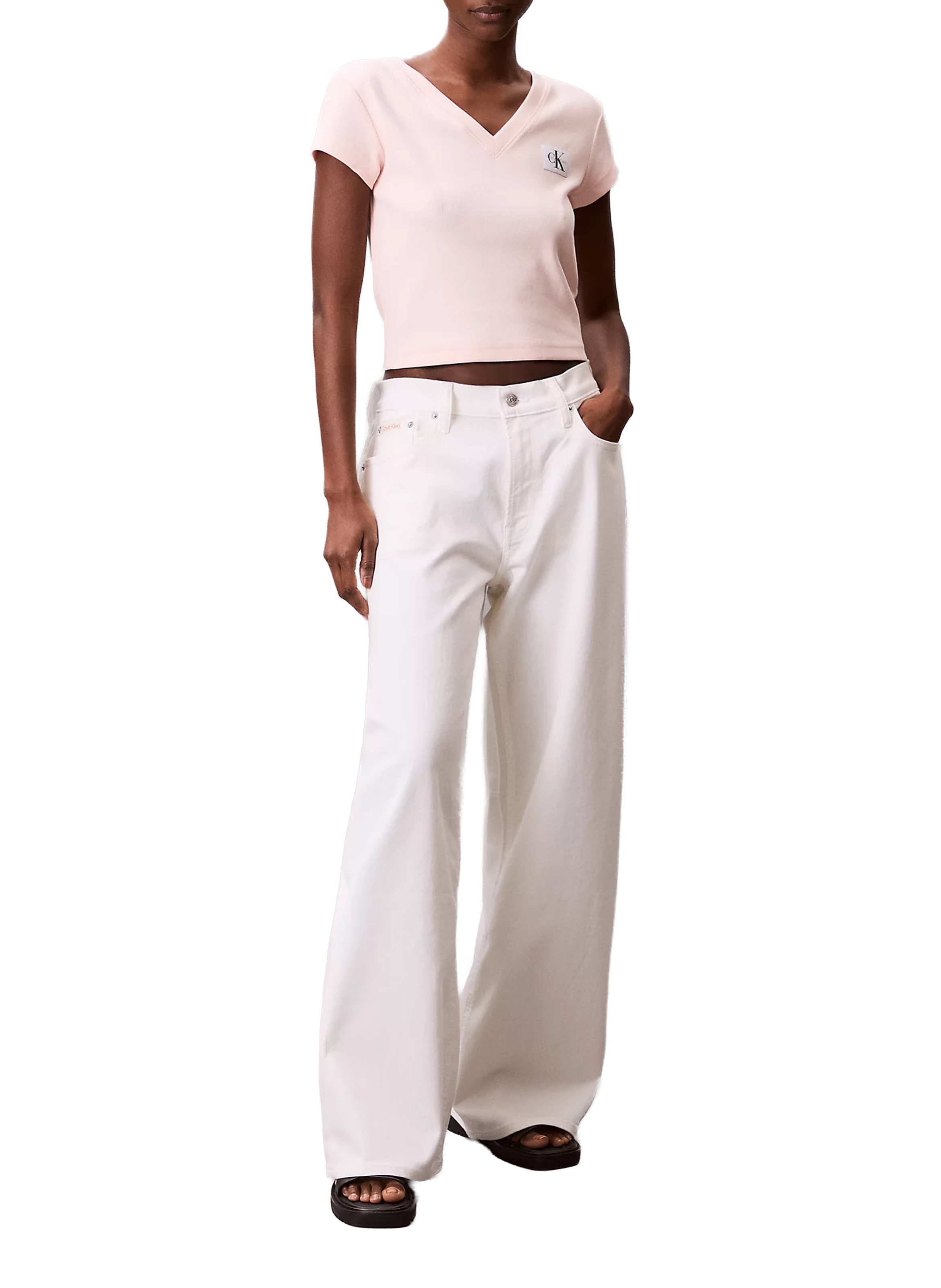 T-shirt col V en coton mélangé CALVIN KLEIN Rose