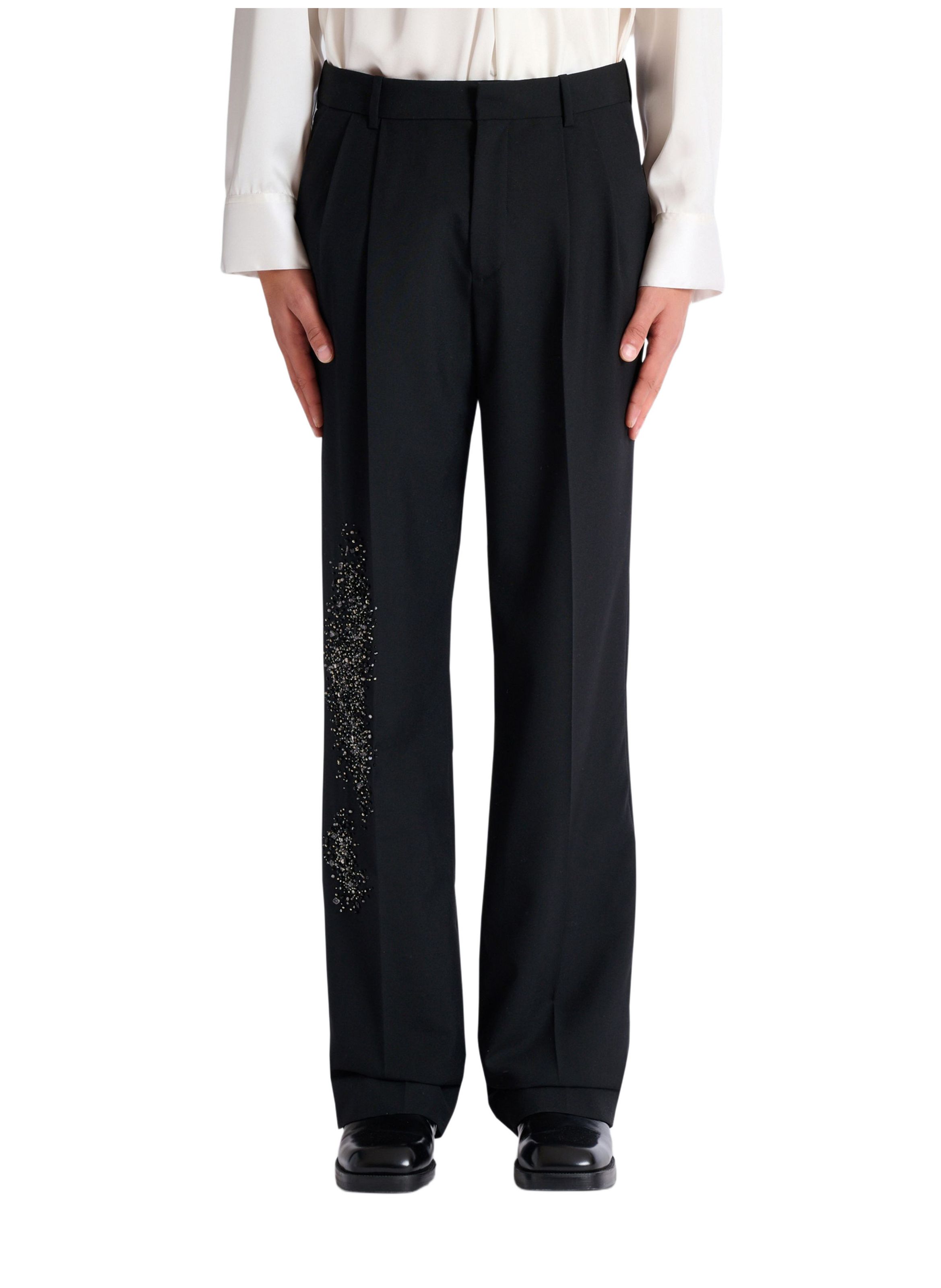 Pantalon à plis en laine brodée « sand effect » BALMAIN Noir