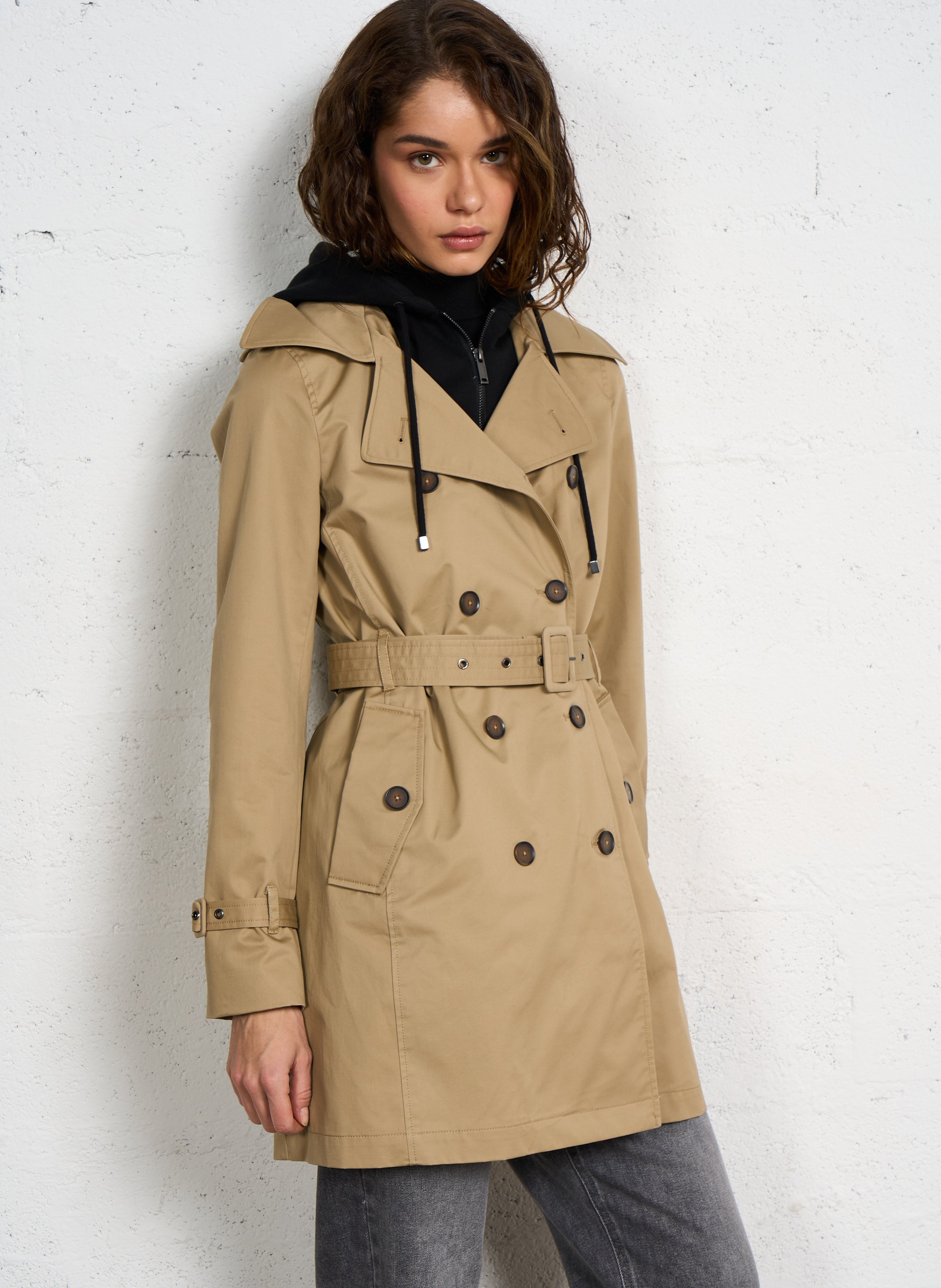 Trench à capuche amovible en coton IKKS Beige