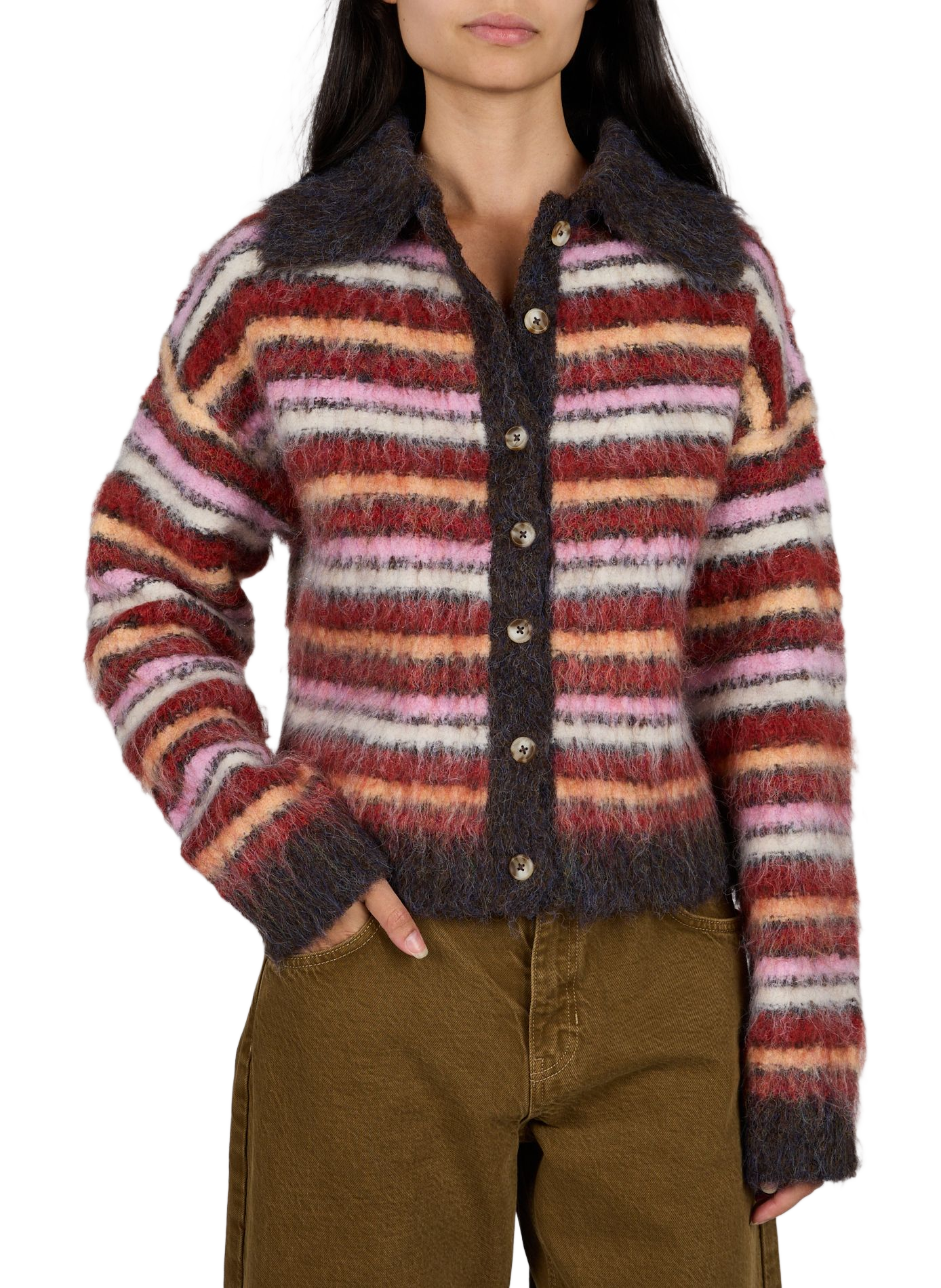 Gestreifter Strickpullover mit Knopfleiste TOPSHOP Rot