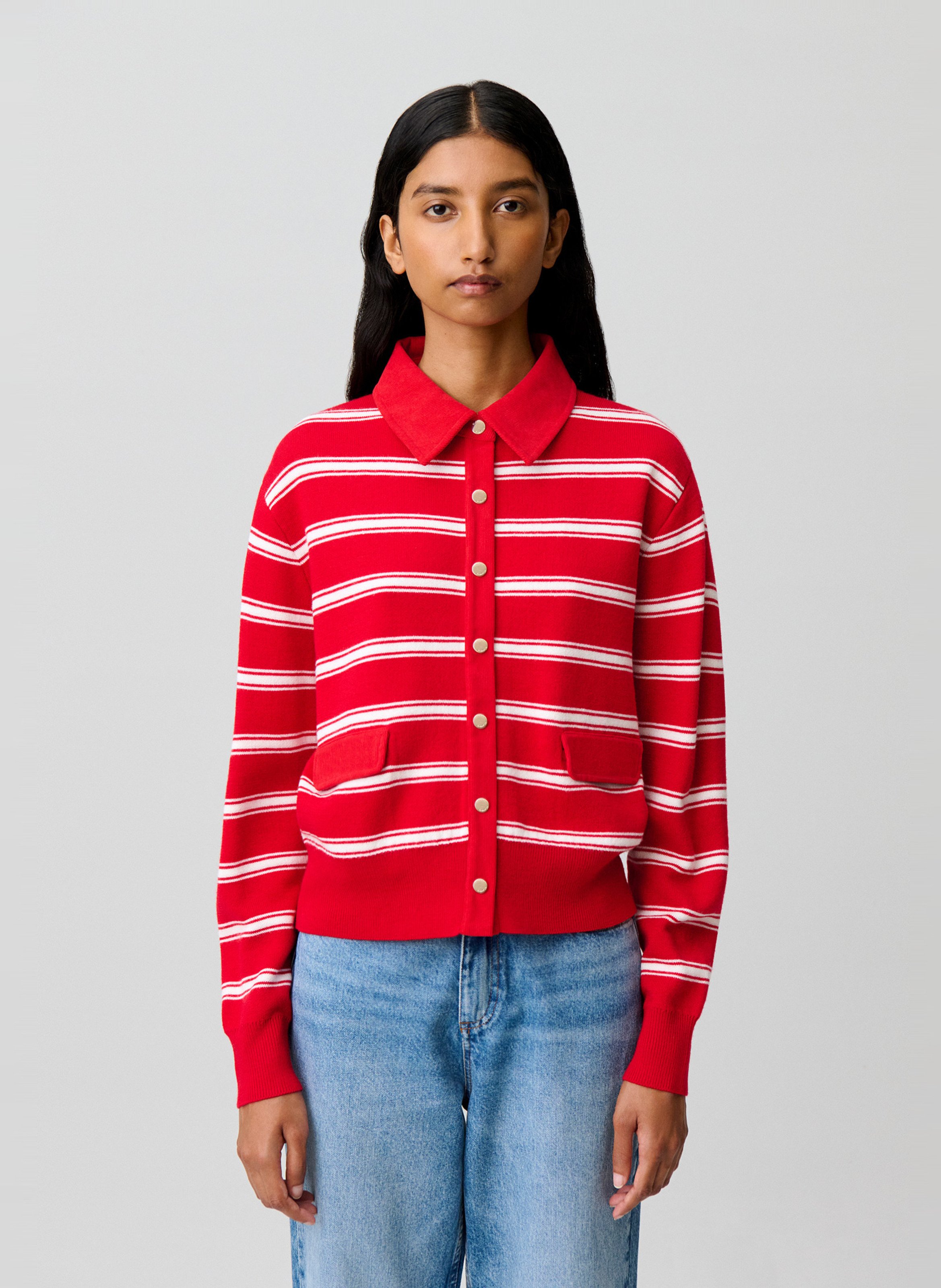 Cardigan col classique à rayures CLAUDIE PIERLOT Rouge
