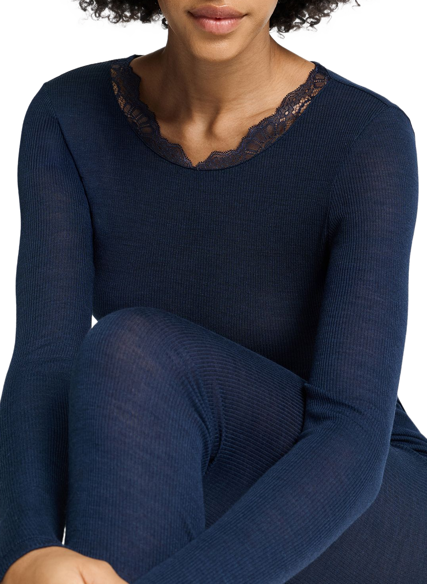 Fitted crew-neck T-shirt in wool and silk lace HANRO Blue