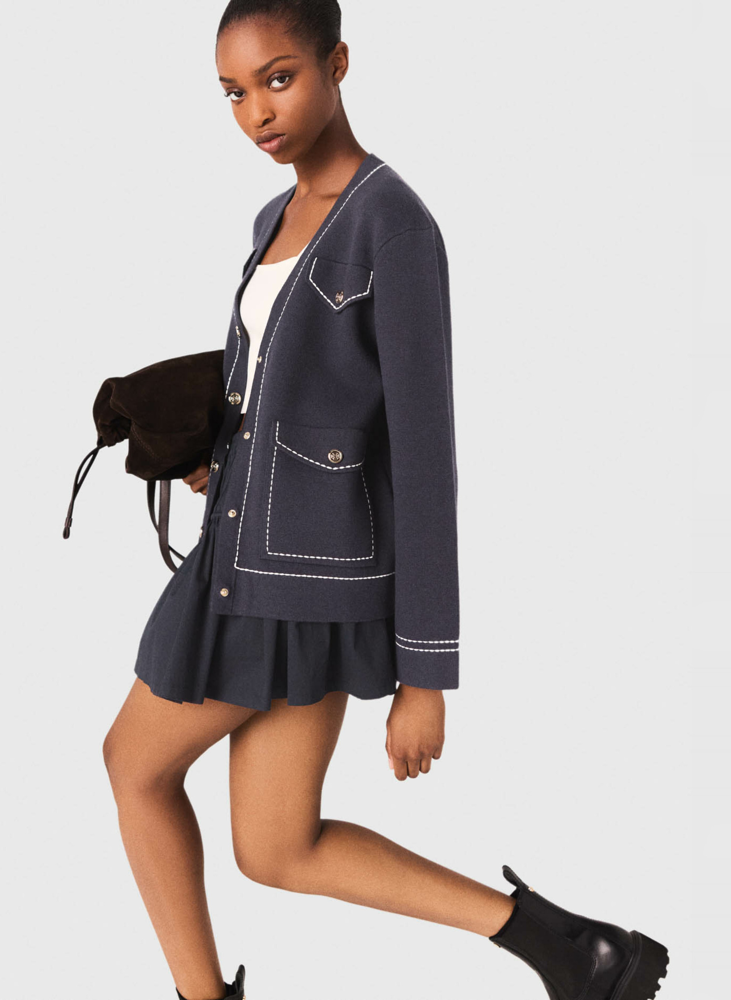 Cardigan col v à boutons fantaisies Bleu