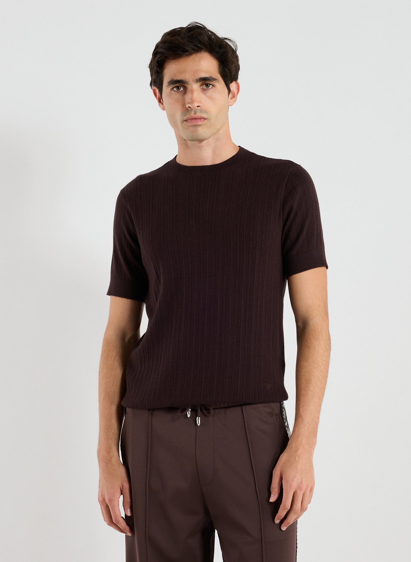 EMPORIO ARMANI Round neck T-shirt in cotton and cashmere Brown