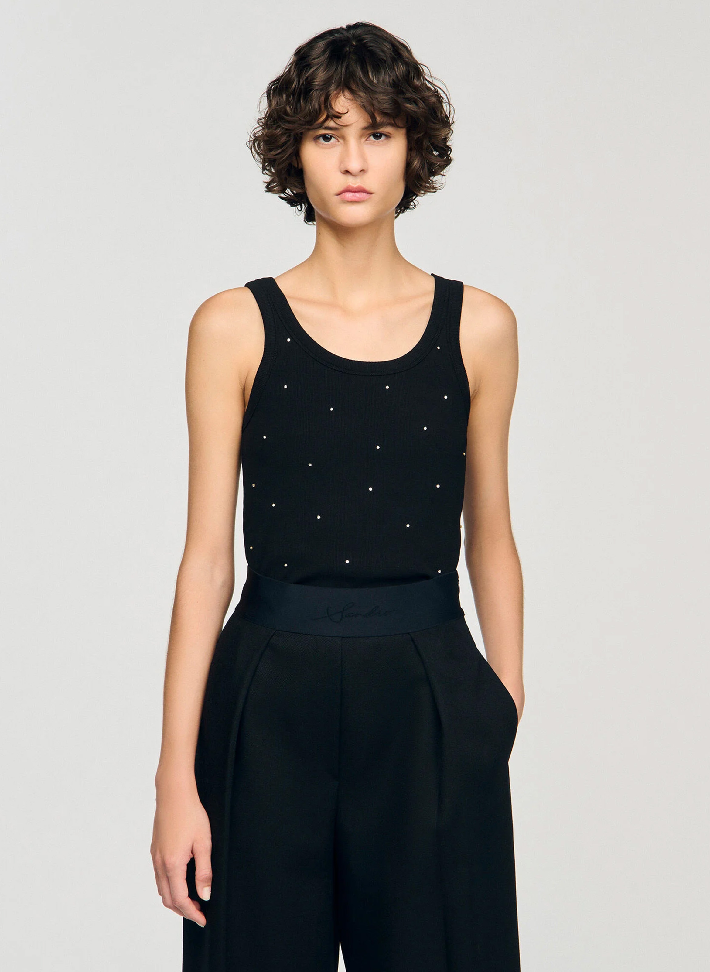 SANDRO Débardeur strassé en coton Noir