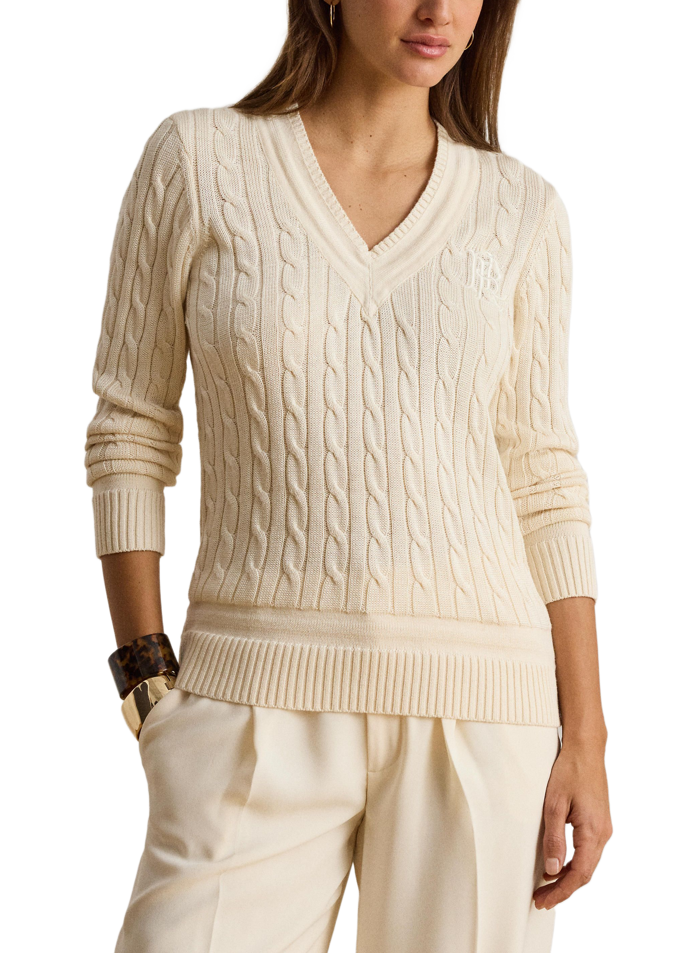 Sweater with embroidered logo in twisted cotton blend knit. LAUREN Beige