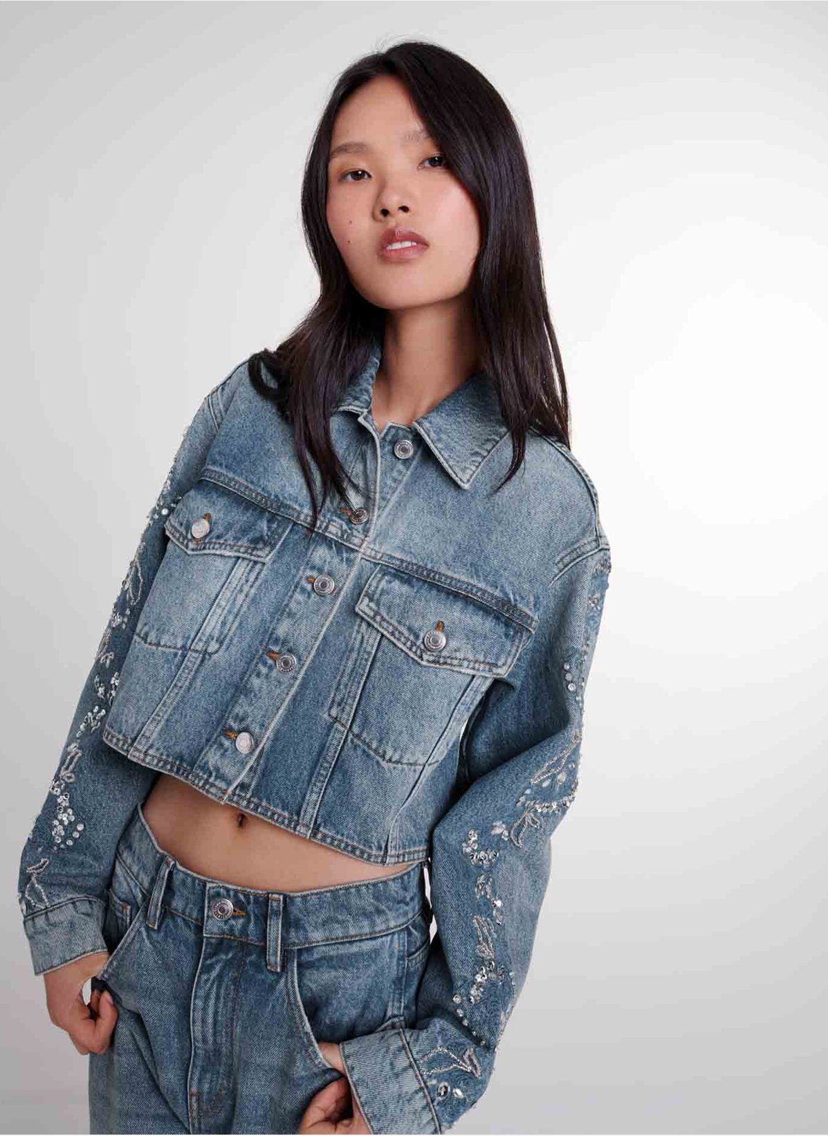 Veste courte en jean pour femme - Veste demi-saison - Veste d'automne à manches longues avec col rabattu - Décontractée - Bloc de couleurs - Patchwork Veste courte en jean pour femme - Veste demi-saison - Veste d'automne à manches longues avec col rabattu - Décontractée - Bloc de couleurs - Patchwork