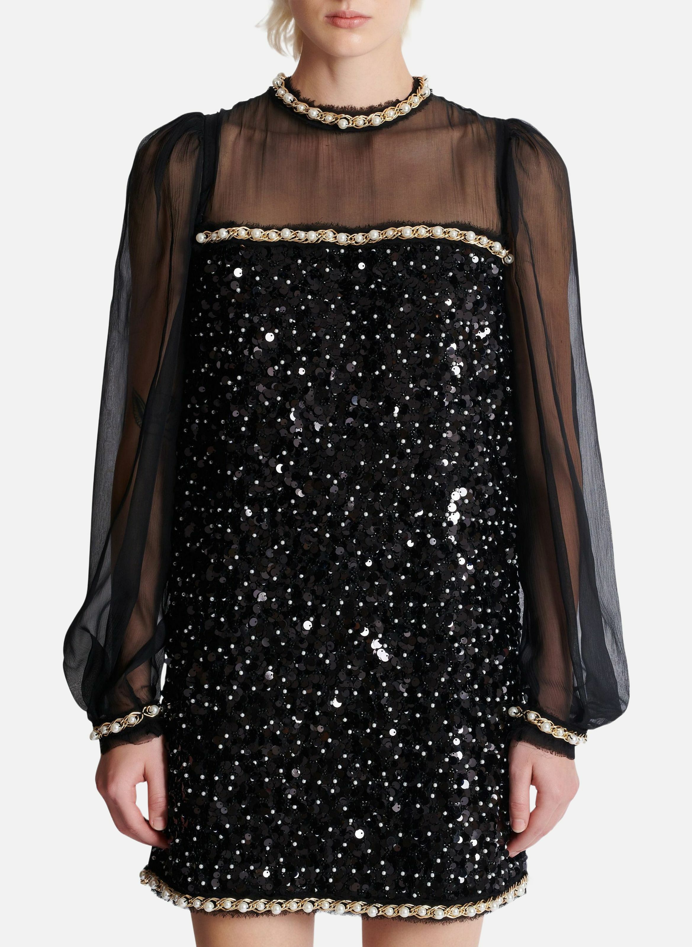 Robe en mousseline et sequins perlés BALMAIN Noir