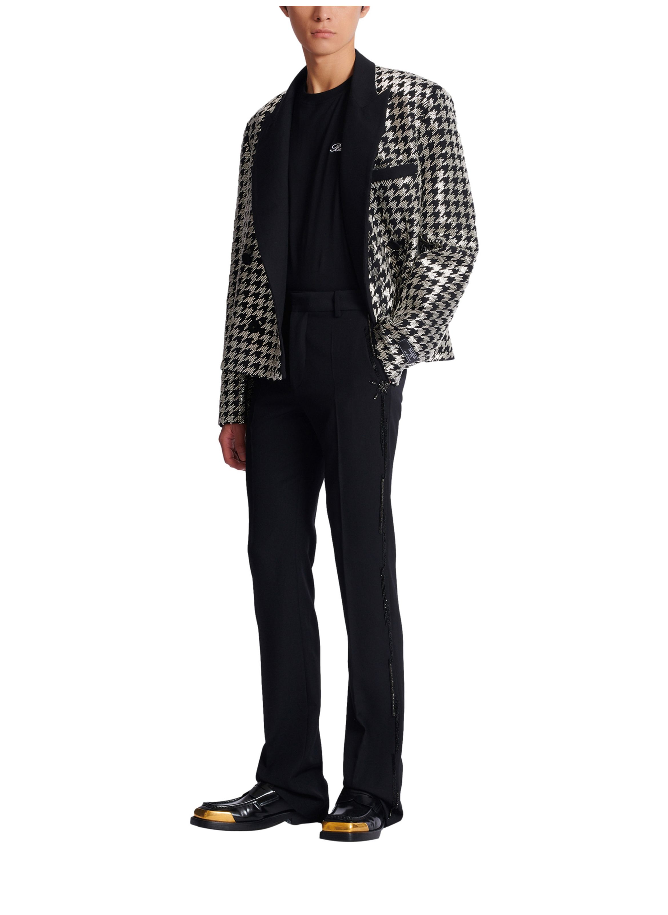 Pantalon droit en laine avec broderies cristal BALMAIN Noir