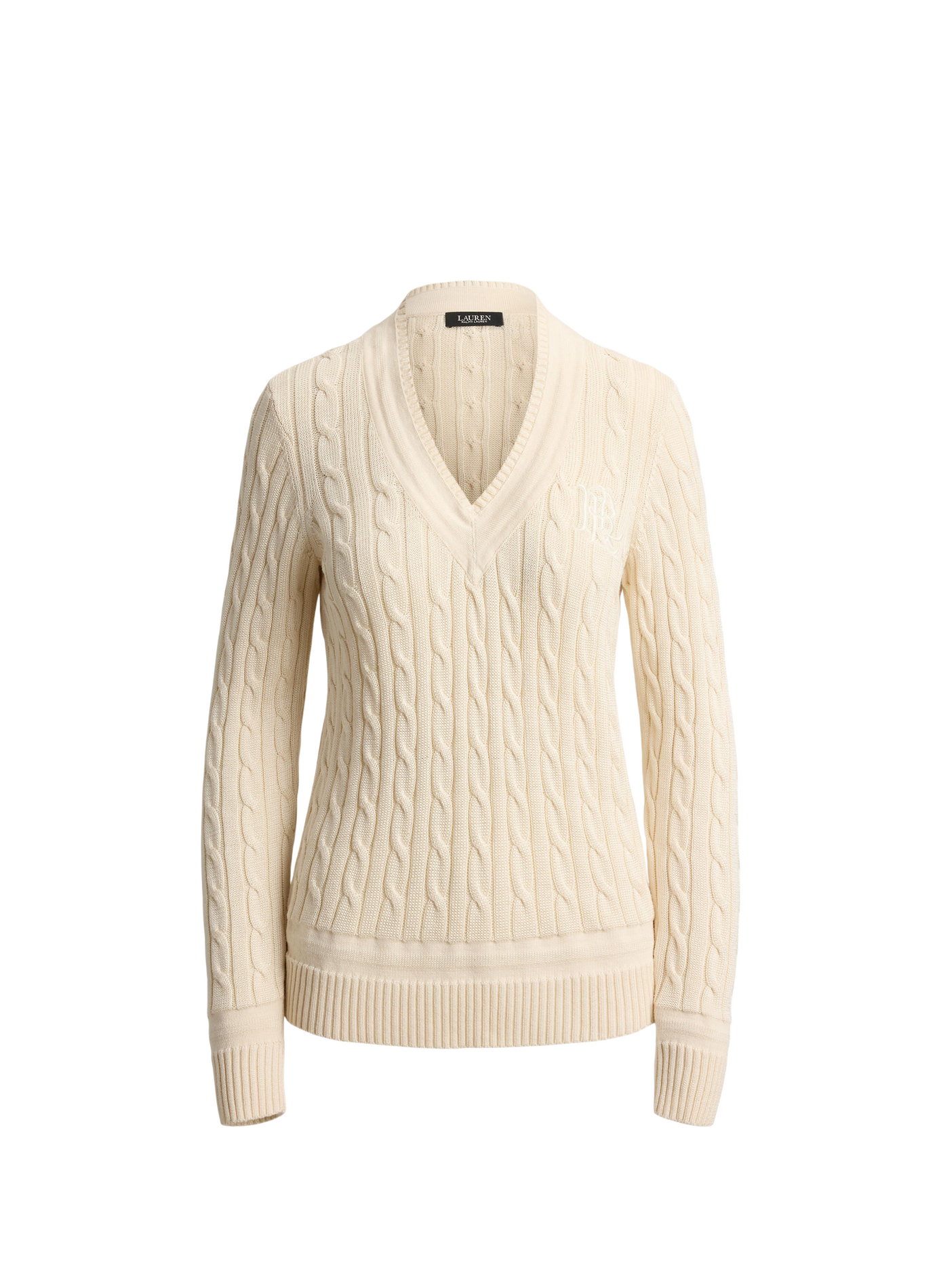 Sweater with embroidered logo in twisted cotton blend knit. LAUREN Beige