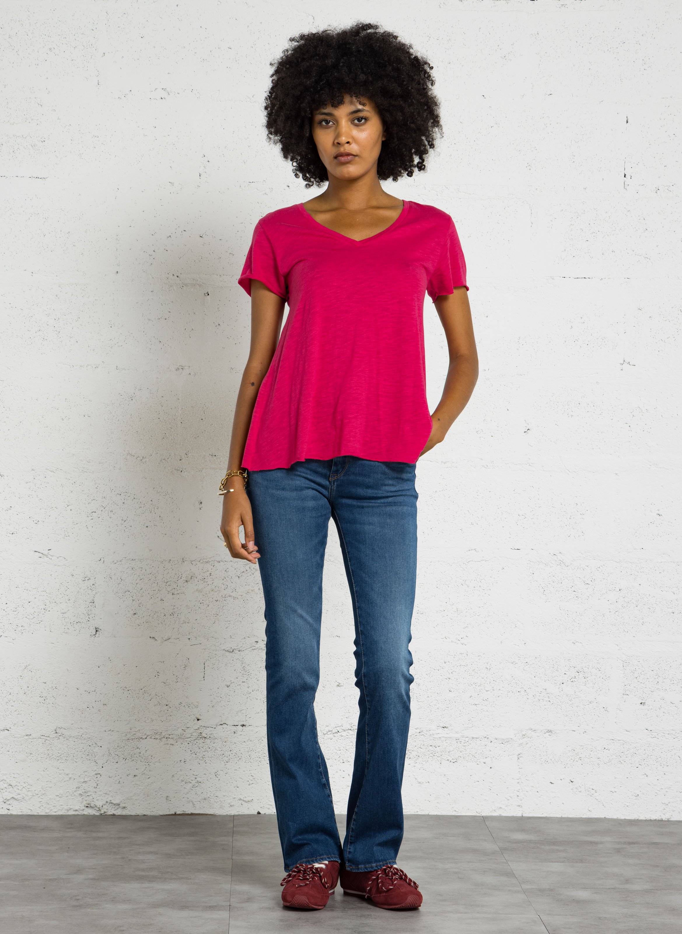 Tee-shirt droit col v en coton mélangé jacksonville AMERICAN VINTAGE Rose