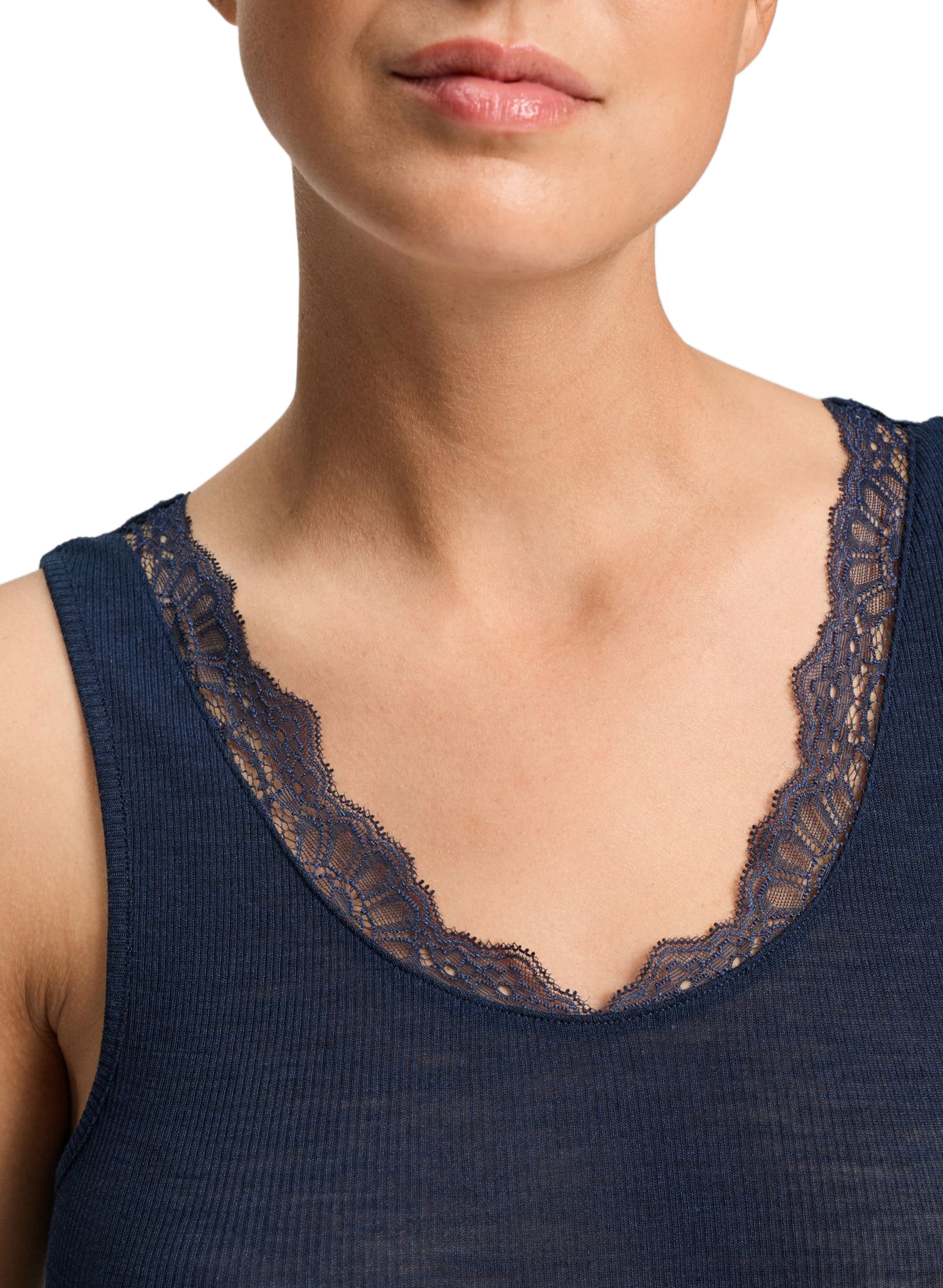 Fitted wool and silk lace-trimmed crew-neck tank top HANRO Blue
