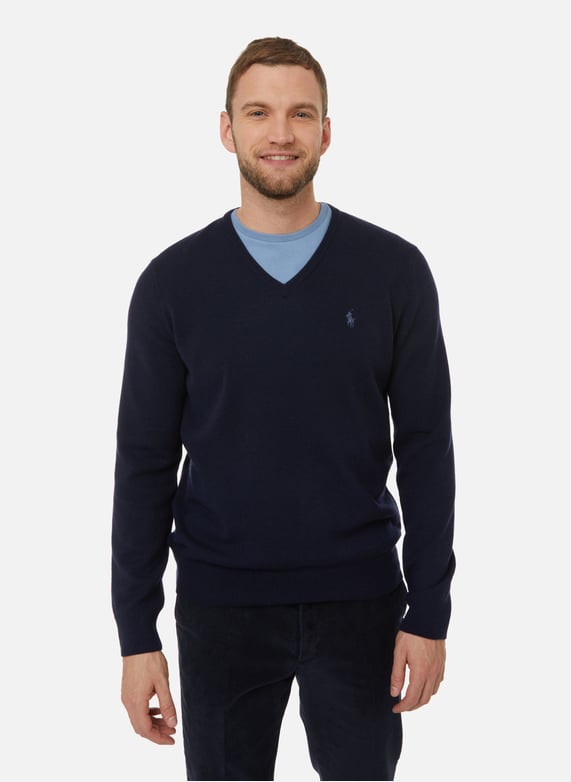 Pull droit col V en laine Bleu