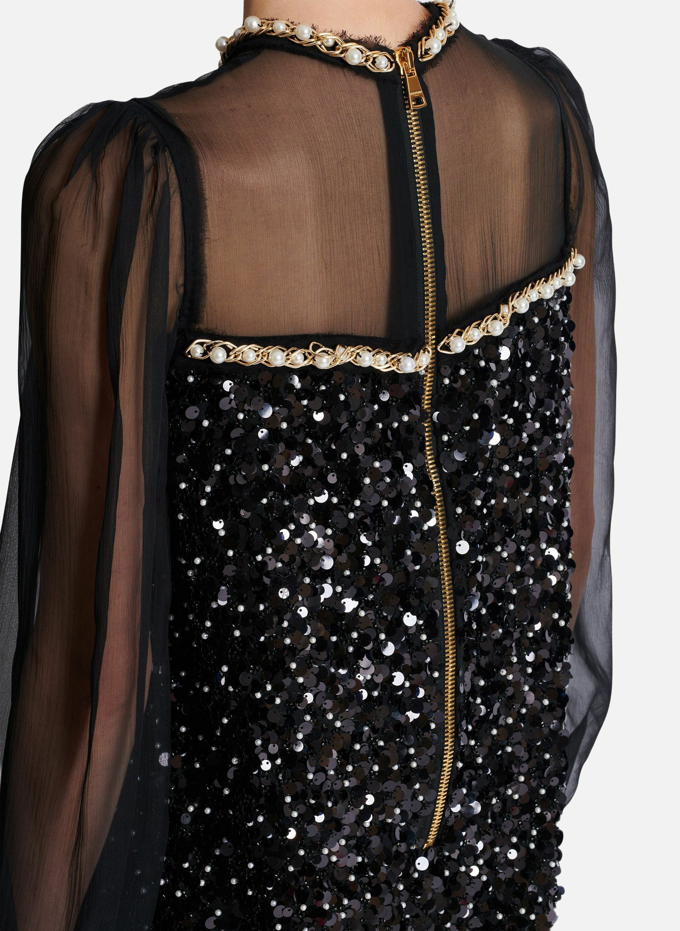 Robe en mousseline et sequins perlés BALMAIN Noir