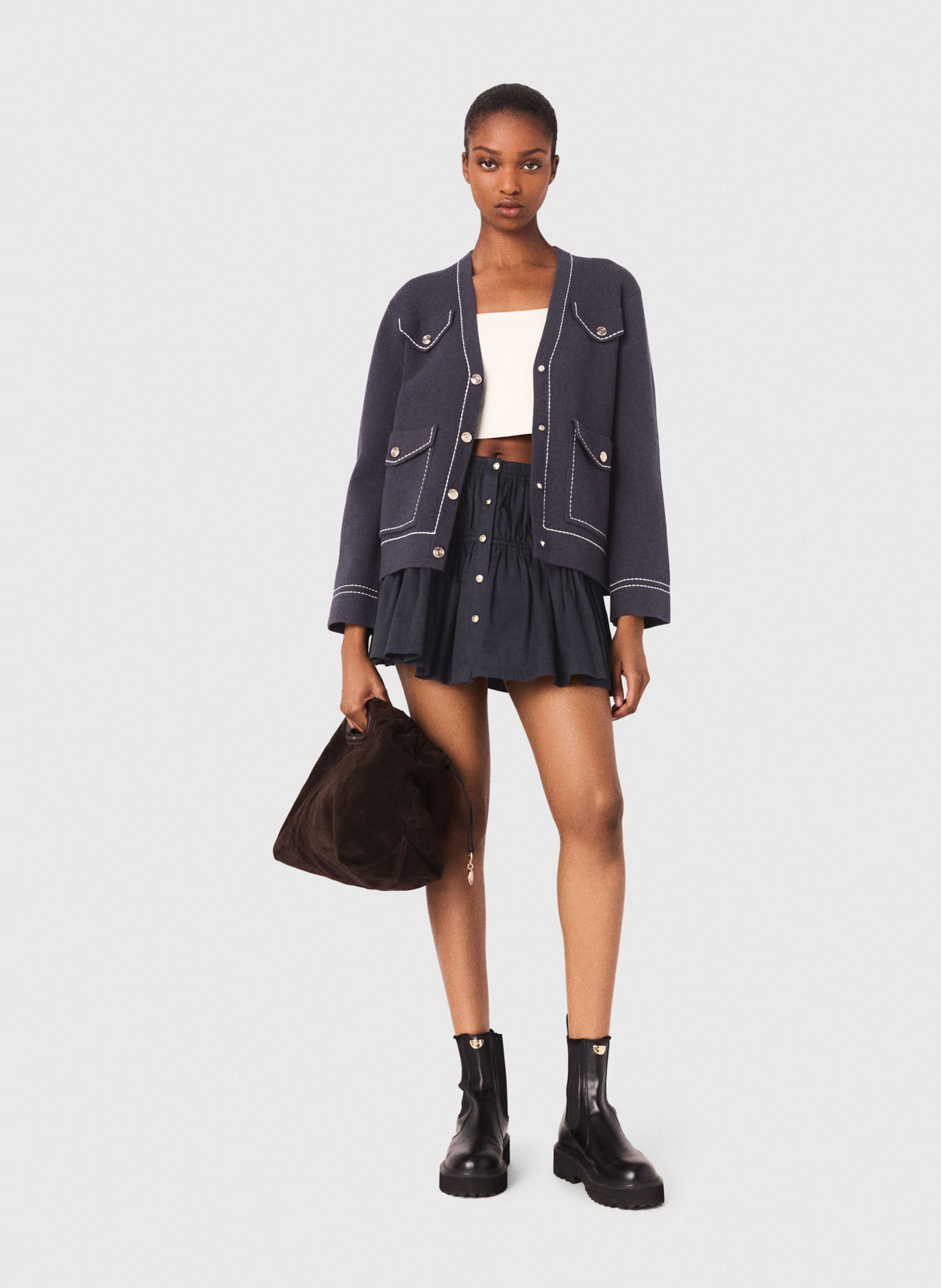 Cardigan col v à boutons fantaisies Bleu