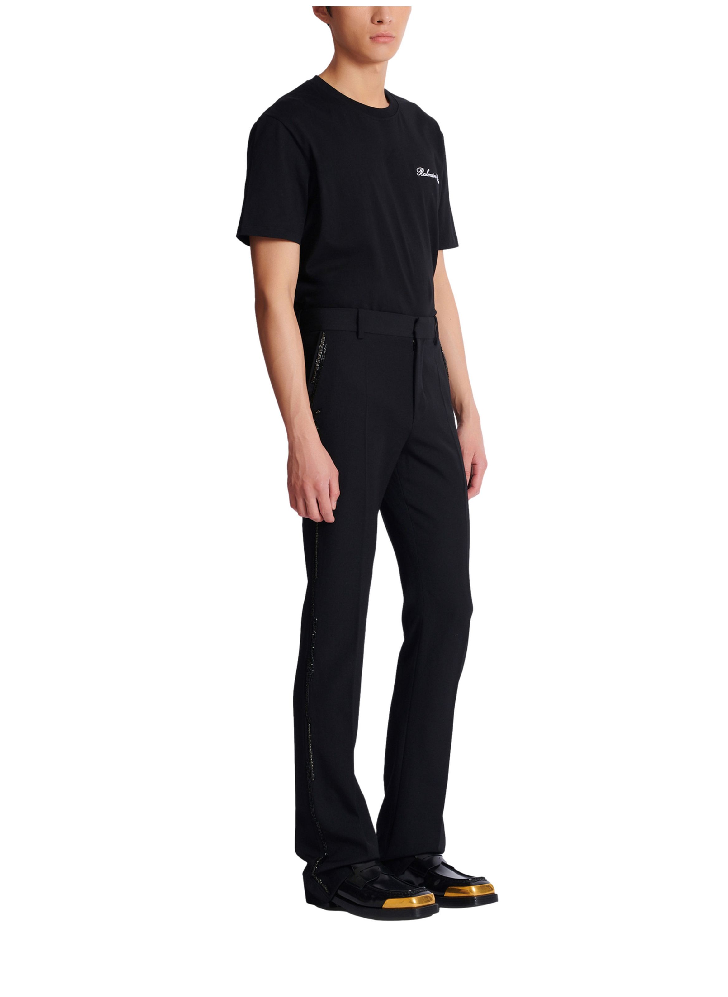 Pantalon droit en laine avec broderies cristal BALMAIN Noir
