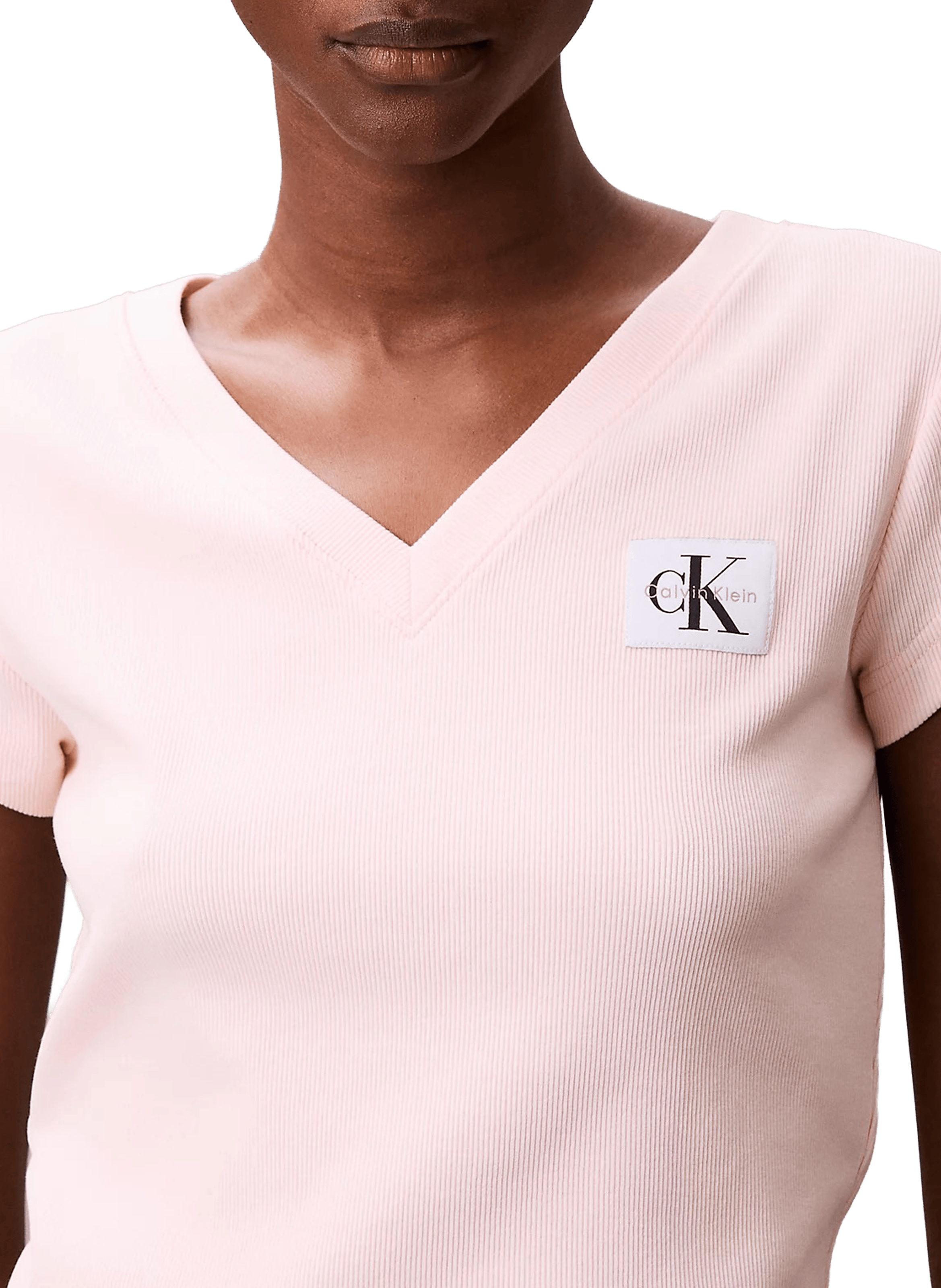 T-shirt col V en coton mélangé CALVIN KLEIN Rose