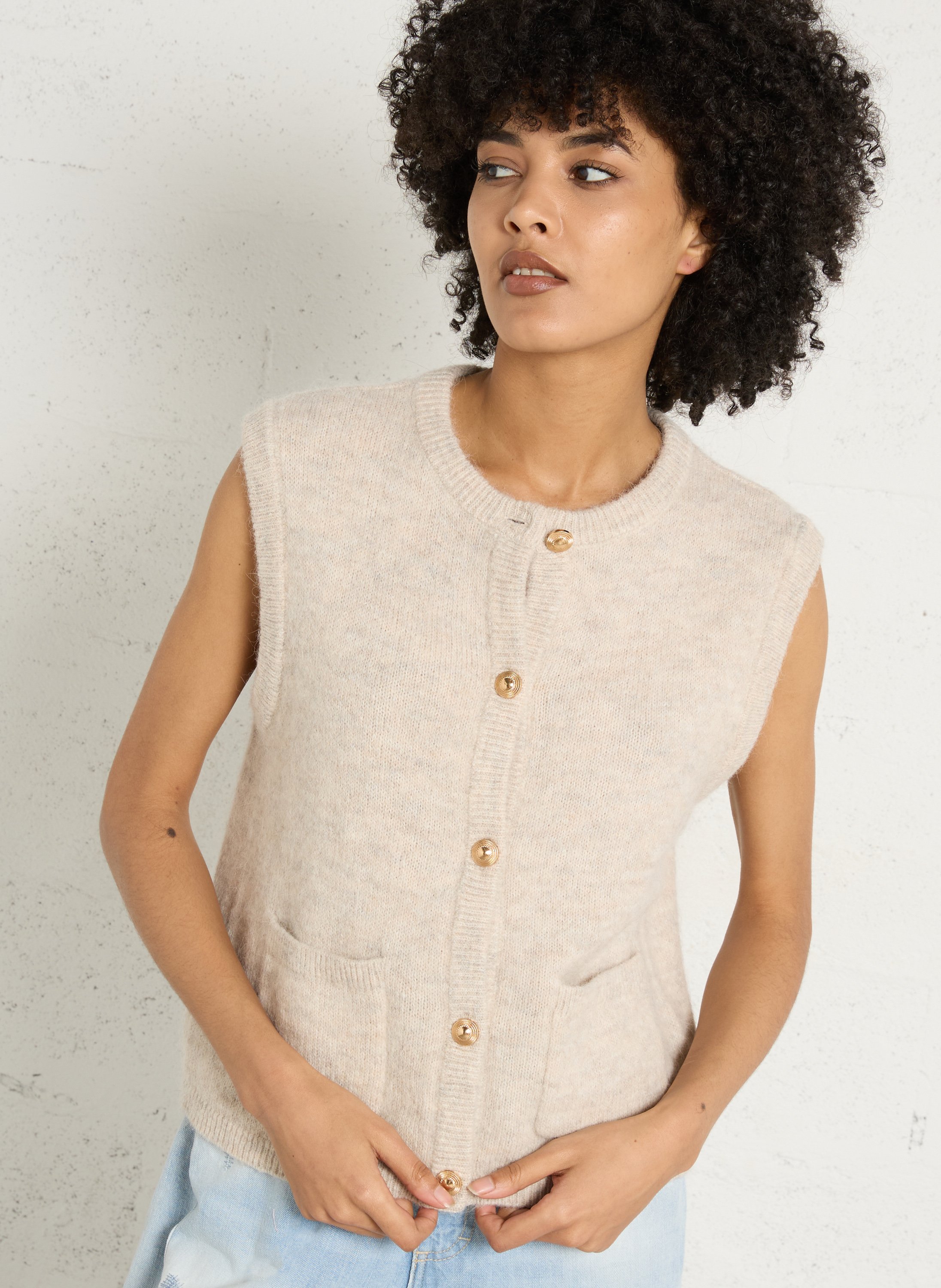 Gilet sans manches col rond en alpaga mélangé polka MAISON 123 Blanc